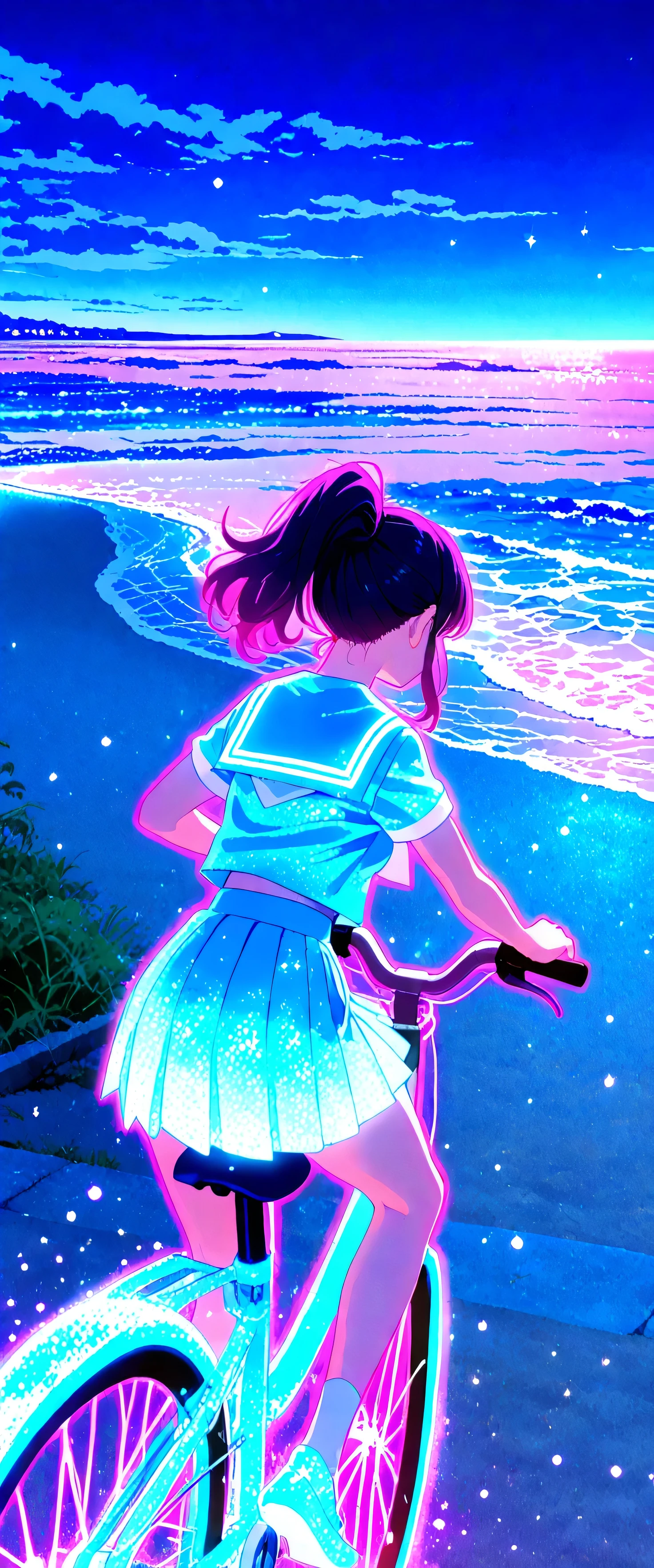 (beautiful girl: 1.3),1girl,masterpiece, Highest quality, Ultra-high resolution,rich contrast,super high quality,8k,Highly detailed CG unit wallpaper,texture,Incredibly absurd,Ultra-high resolution,RAW Photos,high school girl,(Blue and white sailor suit and pleated skirt:1.3),short sleeve,ponytail,Black hair,Riding a bike,night,Moonlit Ocean,Horizon,xss,Riding a bike along the seaside road,Glitter effect,0__11Xx_illu,(下から:1.2),(glowing pink outline:1.3)