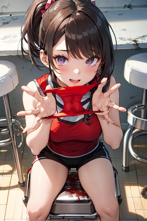 Slim beautiful woman, White skin, Red shirt, black mini skirt, bare legs, bare arms, black black hair,, hair ponytail, Sitting on her butt with her legs up, smiling, Red eyes, chocolate factory background.