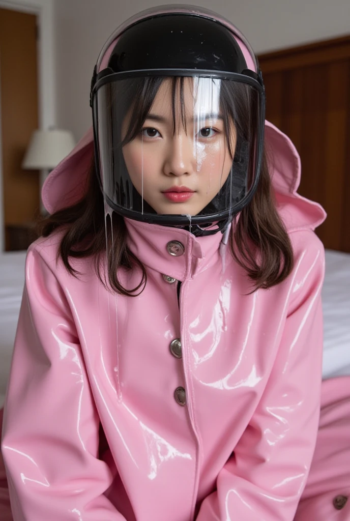 live-action female kindergartener Pink rubber suit Gloss Enamel Slime Transparent rain gear Escape from a mysterious giant maze Being forced to change into a rubber suit in a large space rubber gloves Rubber stockings