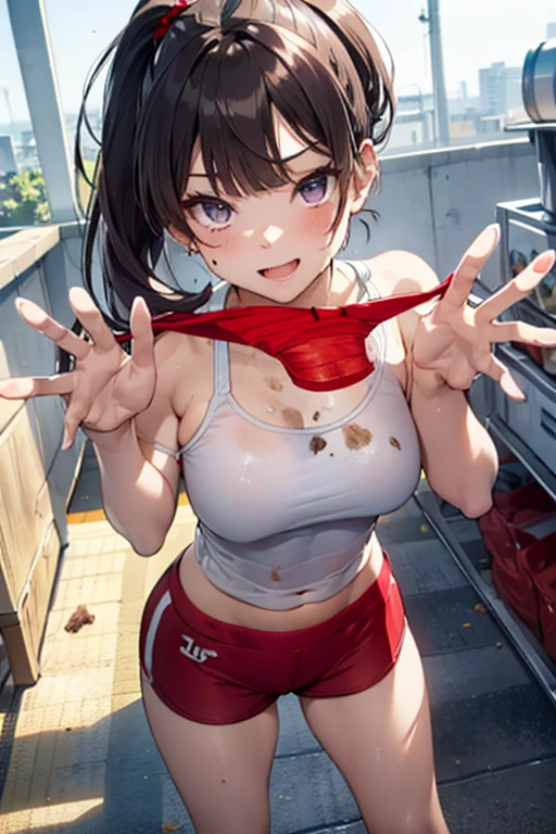 (Best quality, 8k, 32k, Masterpiece, UHD,:1.2), RAW, human, 1girl,ultra cute , ultra cute, natural lighting, transparent shining eyes, 20yo, medium breast ,femur, fair complexion , flushed face,,Ultra-Precision Art,The art of astounding depiction, (Woman in sportswear),short braided hair,Toned look, Slim body,Sweat flowing through the body:1.2,Upbeat cheeks,a navel,visor, Wet and sheer skin:1.4