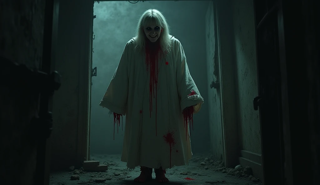 a guy trying to escape from and evil creepy granny she wear a evil mask with red lighting eyes , the house look creepy, she trying to catch a victim , he is scared