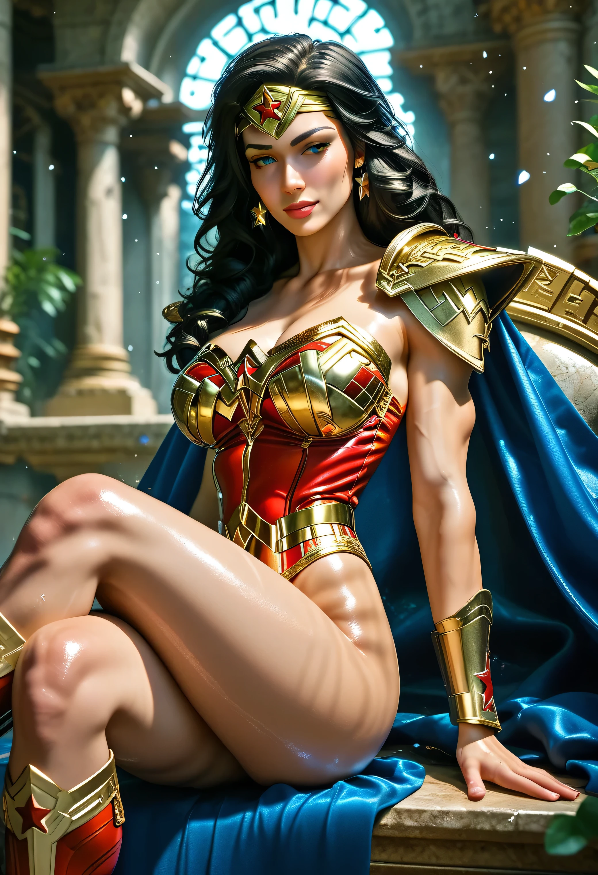 (Masterpiece, 4k resolution, ultra-realistic, very detailed) sexy beautiful female superheroine ,, (jet black hair)  ponytail,  ( red Ancient roman outfit) red , with a golden Star, wears (a golden tiara with a red gem on forehead) , golden bracelets, long red boots, and  red skirt full body in the style of realism, glistening skin, , natural lighting, Defined full lips. fitness feminine body. in the style of realism, glistening skin, , natural lighting, Defined full lips. Muscular fitness feminine body