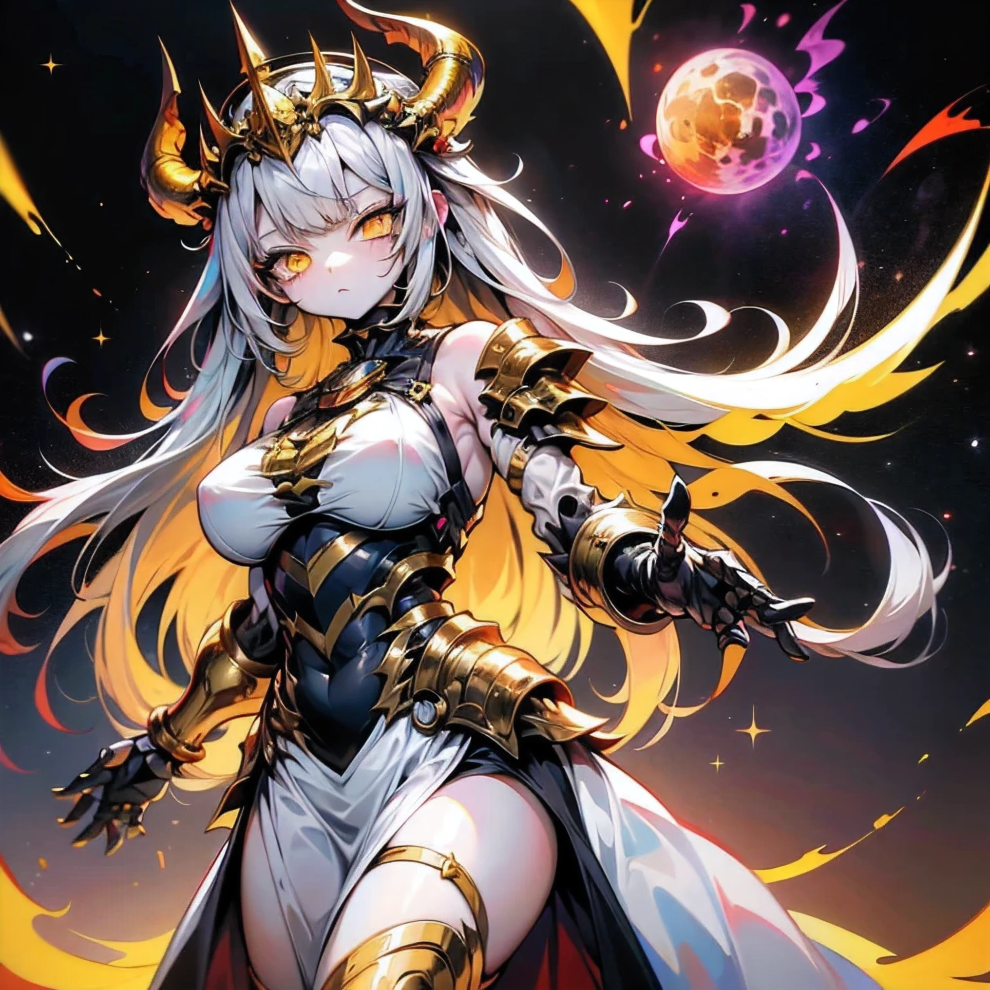 best quality, 8k wallpaper, 1 girl, Alone, white hair, (absurdly long hair), big breasts, golden eyes, expressionless, pale skin, Goddess wings, horns (in the form of a crown), space, nebula, Planets, dark golden energy, white cloak, bare shoulders, half-closed eyes, golden particles, combat stance , skeleton armor, golden fire, white aura.