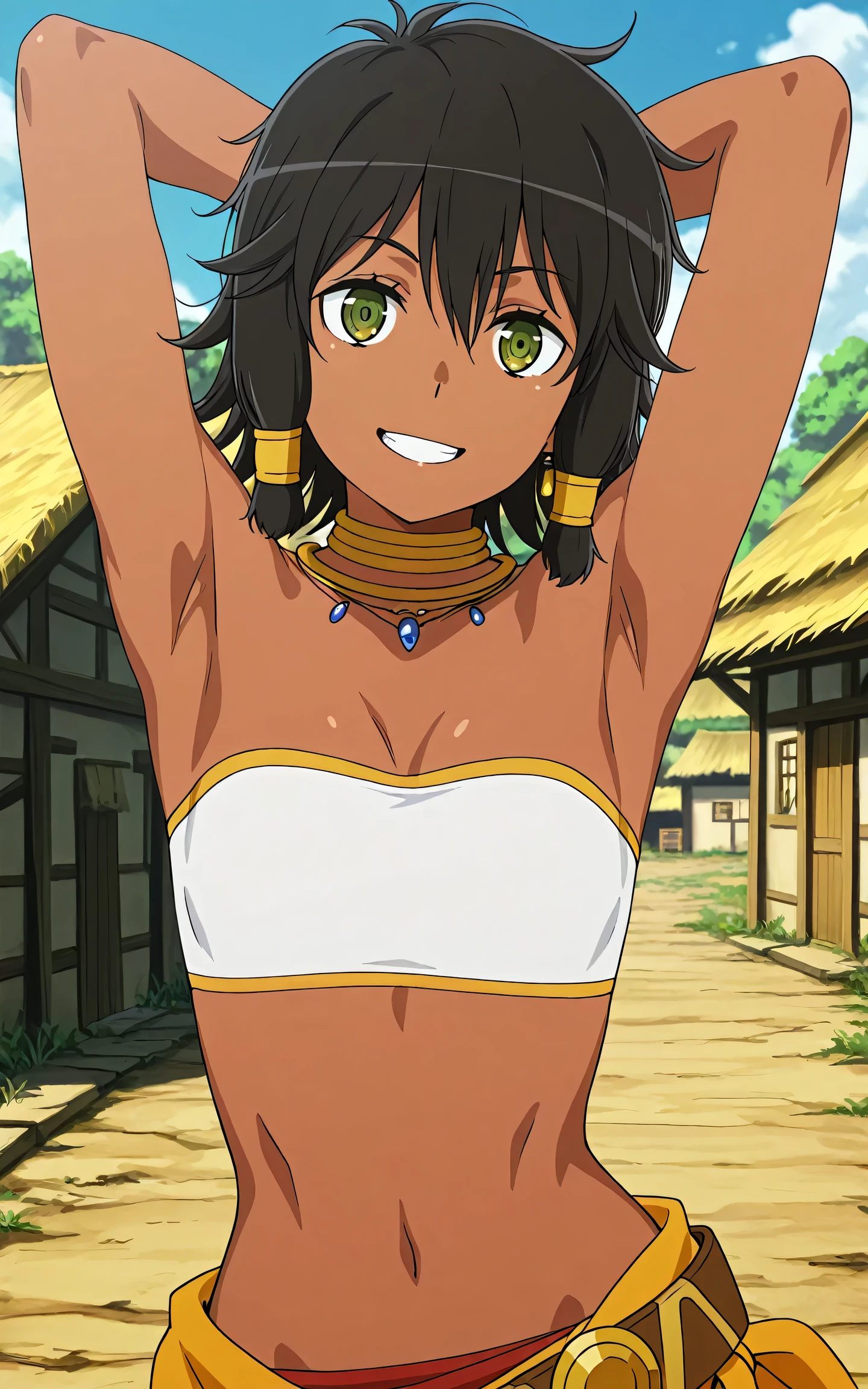 masterpiece, best quality, amazing quality, anime screencap, anime coloring, 1girl, solo, dark skin, short hair, hair tubes, black hair, green eyes, earrings, TionaHiryute, neck ring, necklace, white bandeau, flat chest, loose belt, sarong, arms behind head, armpits, head towards viewer, looking at viewer, smile, teeth, (front light:1.1), outdoors, day, village