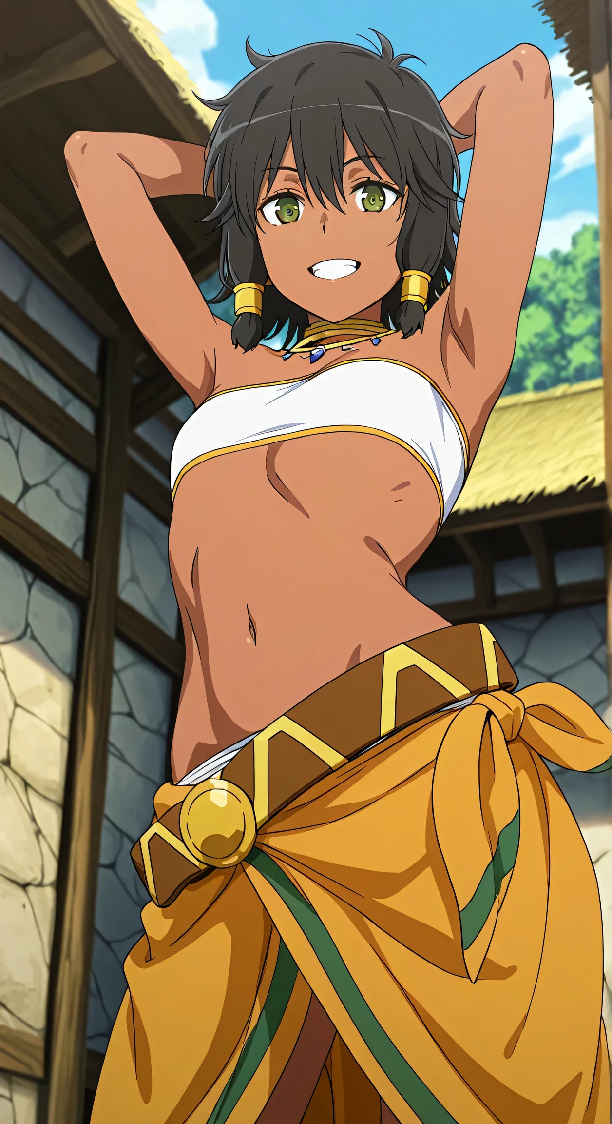 bellydancer, 1 girl, solo, short hair, medium breast, dancing, sexy, look at viewer, seductive, outside, nature, blush, smile, loin cloth, under boob, diana, brown hair, brown skin, dark skin, brown eyes,