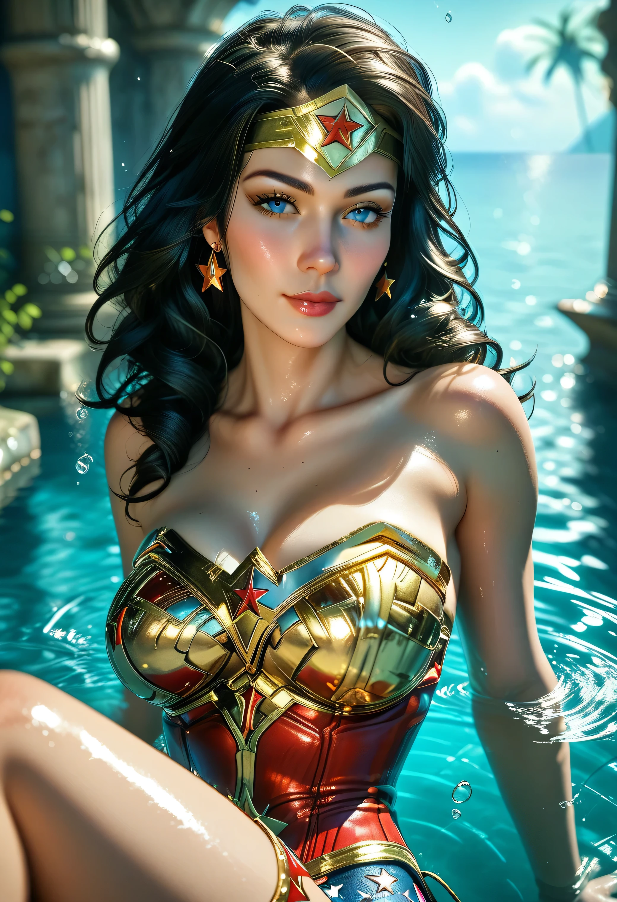 1 woman, Pretty Caucasian (female), Sarah Shahi, a slim but muscular body, huge breasts, short dark brown messy hair, blue eyes, ultra high resolution, masterpiece, highest quality, perfect detailed hands and fingers, perfect detailed eyes, perfect lighting, detailed lighting, dramatic shadow, ray tracing, perfect anatomy, Voluptuous, exposed large cleavage, symmetrical eyes, chubby lips, big , big ass, big beautiful thighs, abs, muscle, well exposed thighs, swimming in a river, front view, wearing wonder woman costume, sexy figure, submerged in the ganga river, full moon in background, upper body view, moonlit night, photorealistic, 4k image, ((best_quality:1.8)), ((masterpiece:1.0)), intricate details, Extremely delicate and beautiful, (dark shot:1.8), Ultra realistic 8K, (realism: 1.5), (Realistic: 1.4), (Absurdity:1.4), official art, extremely detailed CG unity 8k wallpaper, ultra-detailed, perfect lighting, Colorful, ultra high res, photography, 8K, HDR, Kodak portra 400, (bokeh:1.2), (vibrant_color:1.2), (warm hue, warm tone:1.2), (color photo), professional photograph, film grain:1.2, NSFW:1.0, 