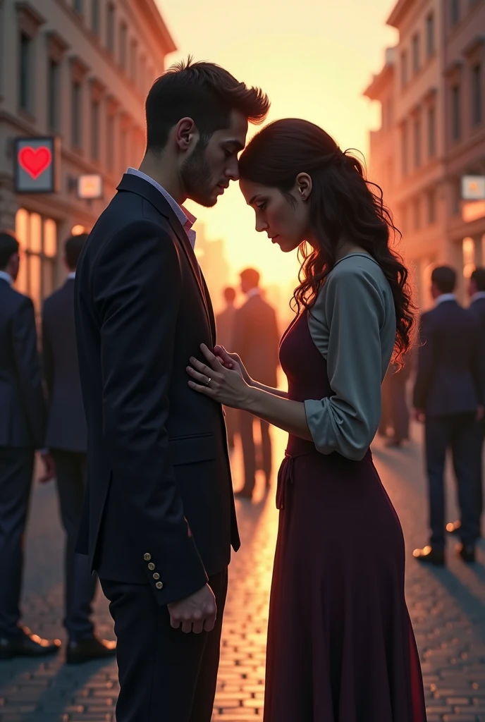 On an empty street, a man is on his knees, holding tightly around a womans waist. The woman, standing tall, has subtle tears in her eyes, as if overwhelmed by the moment. The scene is filled with emotion, capturing a powerful and intimate connection between them.