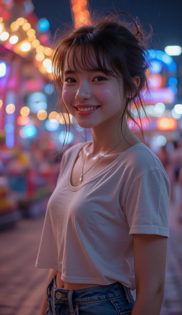 Highest quality, 8k, RAW Photos, Absurd, Portraiture, smile, alone, (night:1.8), Idol&#39;s face, Delicate girl, whole body、 Looking at the audience, Frank, Sophisticated,Thin arms, Professional Lighting, Film Grain, chromatic aberration, (Eye and facial details:1.0), (Bokeh:1.1) ,Swimwear