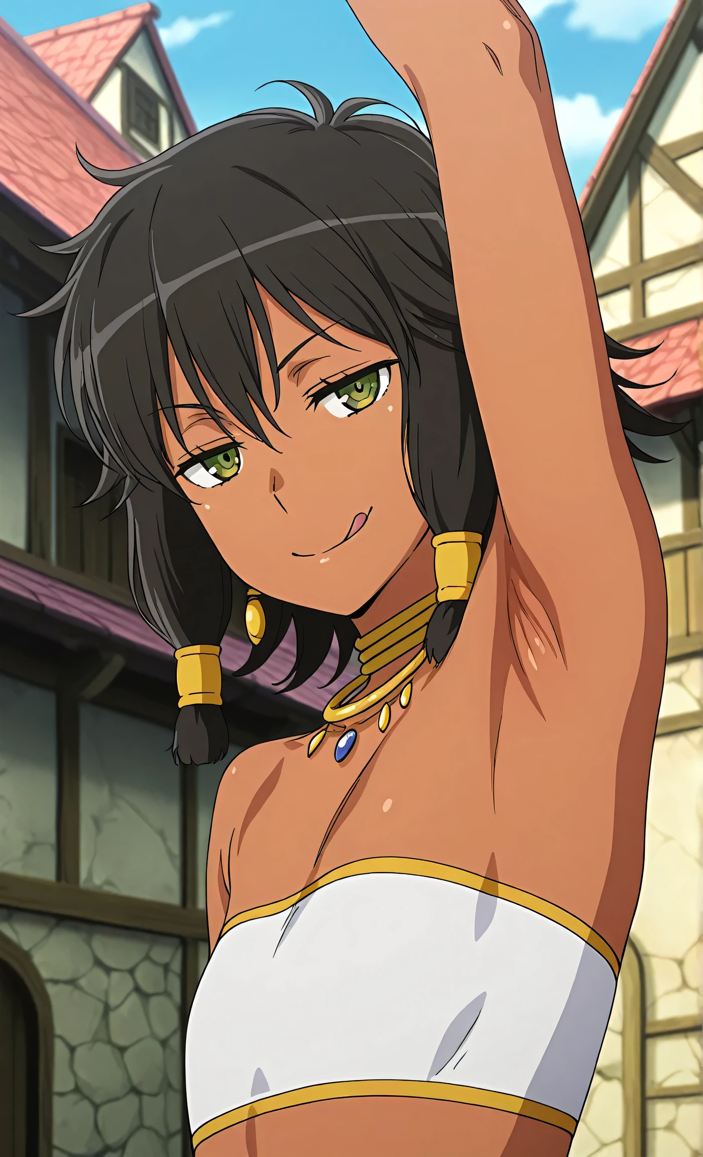 masterpiece, best quality, amazing quality, anime screencap, anime coloring, 1girl, solo, dark skin, short hair, hair tubes, black hair, green eyes, earrings, TionaHiryute, neck ring, necklace, white bandeau, flat chest, arm up, raised arm, armpit, armpit focus, head towards viewer, looking at viewer, smile, smug, half-closed eyes, (front light:1.1), outdoors, day, village, from side, licking lips