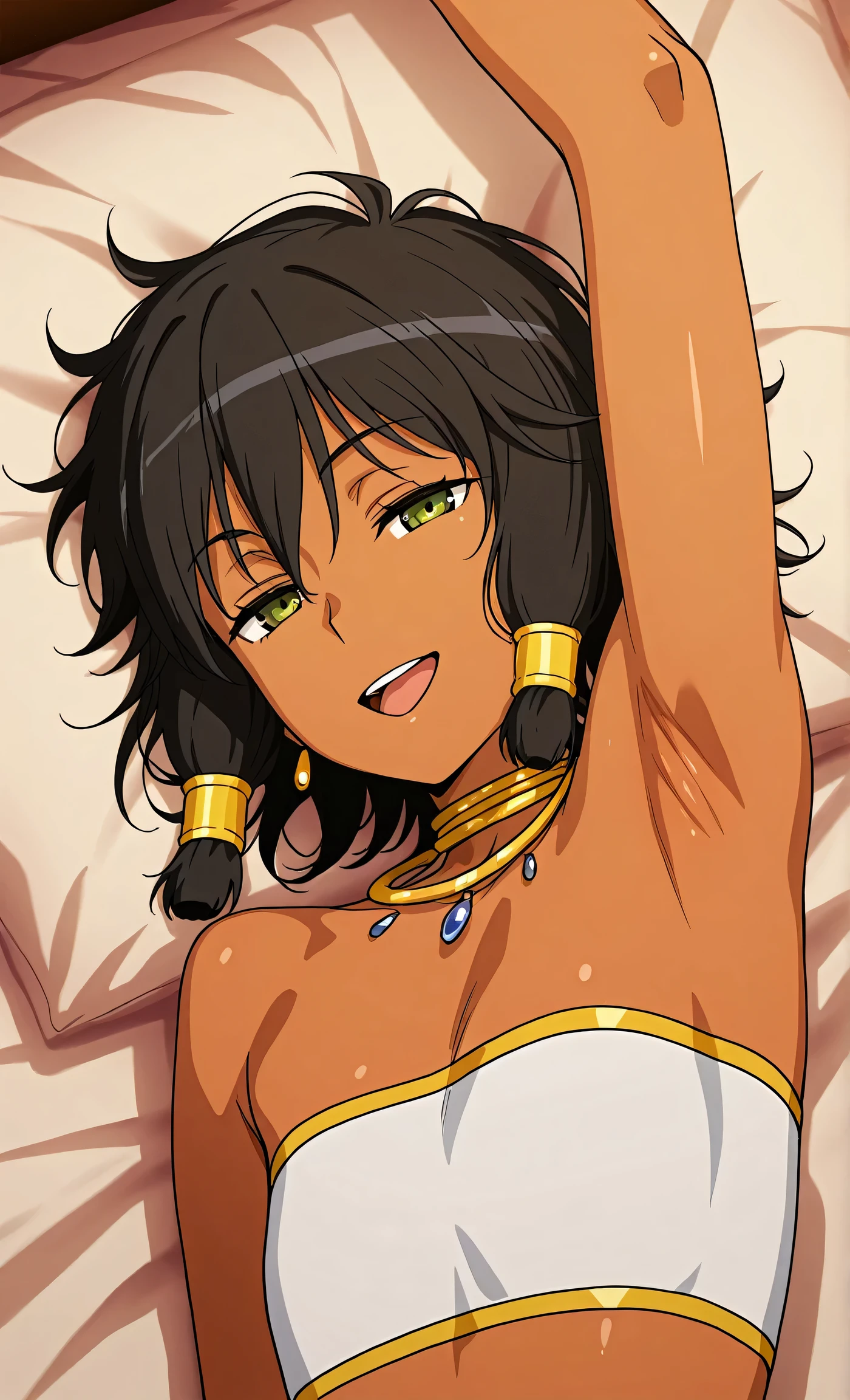 masterpiece, best quality, amazing quality, anime screencap, anime coloring, 1girl, solo, dark skin, short hair, hair tubes, black hair, green eyes, earrings, TionaHiryute, neck ring, necklace, white bandeau, flat chest, arm up, raised arm, armpit, armpit focus, head towards viewer, looking at viewer, smile, open mouth, tongue, half-closed eyes, (front light:1.1), lying in bed,