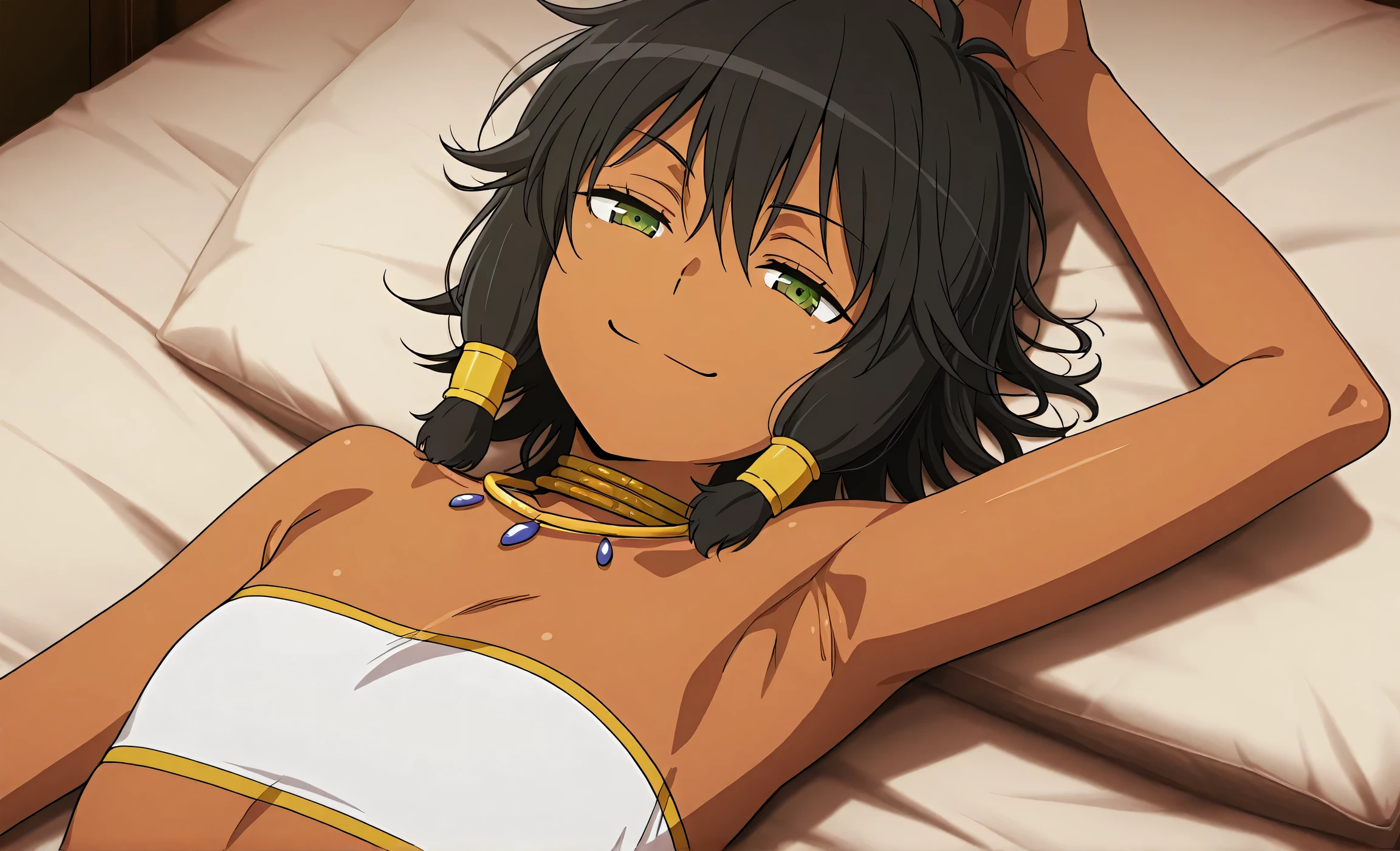 masterpiece, best quality, amazing quality, anime screencap, anime coloring, 1girl, solo, dark skin, short hair, hair tubes, black hair, green eyes, earrings, TionaHiryute, neck ring, necklace, white bandeau, flat chest, arm up, raised arm, armpit, armpit focus, head towards viewer, looking at viewer, smile, smug, closed mouth, half-closed eyes, (front light:1.1), lying in bed, from side, from above