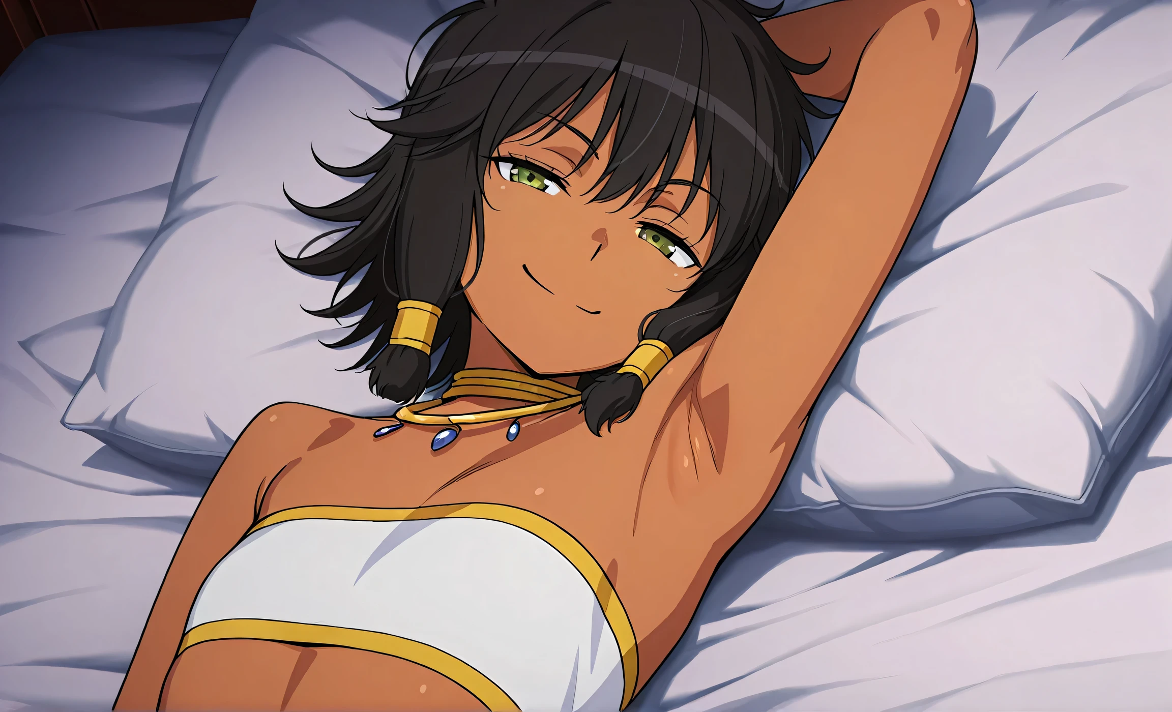 masterpiece, best quality, amazing quality, anime screencap, anime coloring, 1girl, solo, dark skin, short hair, hair tubes, black hair, green eyes, earrings, TionaHiryute, neck ring, necklace, white bandeau, flat chest, arm up, raised arm, armpit, armpit focus, head towards viewer, looking at viewer, smile, smug, closed mouth, half-closed eyes, (front light:1.1), lying in bed, from side, from above