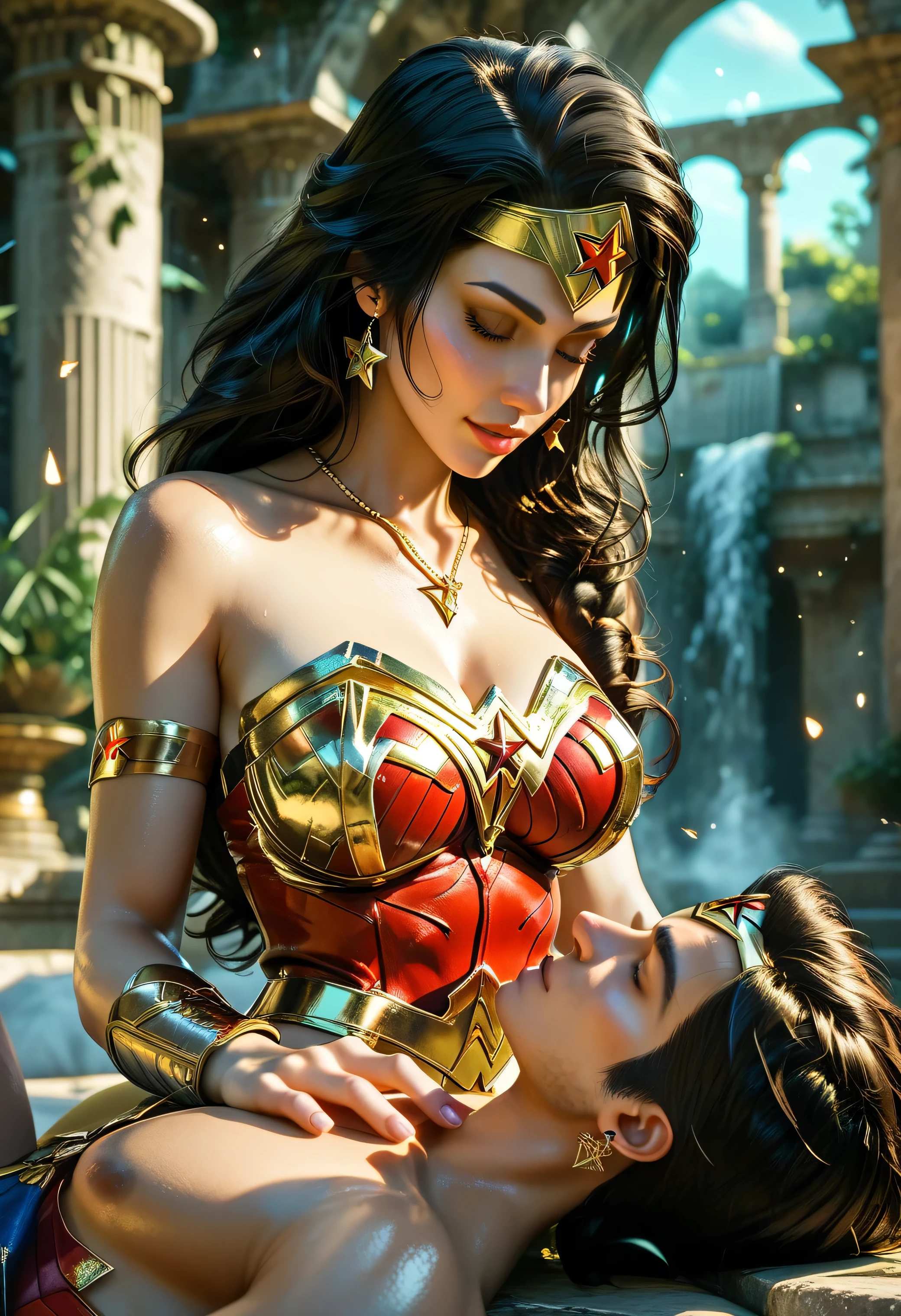 (Wonder Woman, laying down on sunlit ruins of a coliseum, no cape, red and gold armor glowing in afternoon light, relaxed but powerful posture, golden lasso loosely held in hand, hair spread across ancient stone), golden hour lighting, dust particles in air, cinematic shadows, (sakimichan), (score_9, score_8_up, score_7_up), 1dk, 8k, masterpiece, high quality, (Expressiveh:0.8)
