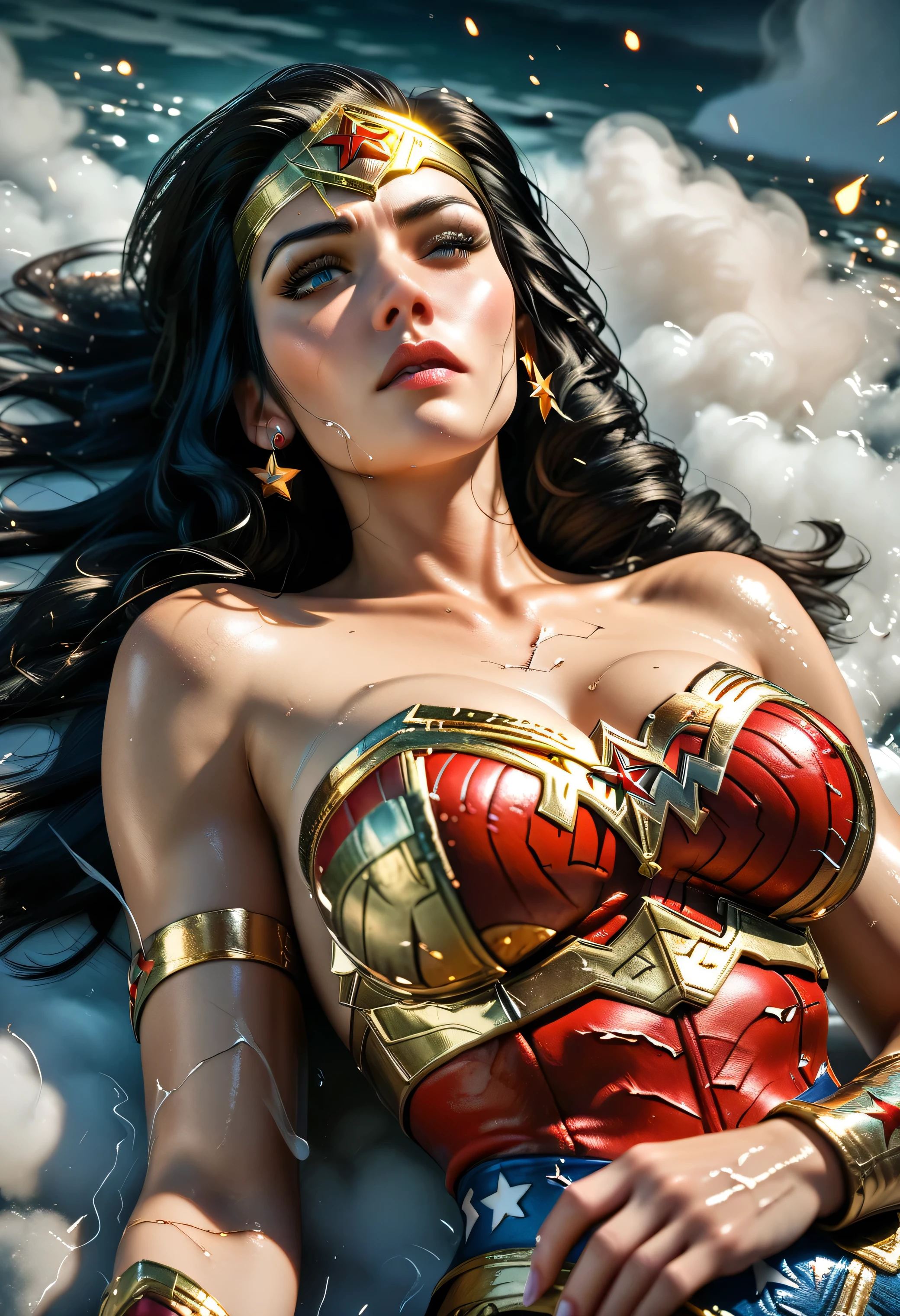 (Wonder Woman, lying on the ground of a scorched battlefield, no cape, red and gold armor cracked and dusty, struggling to rise, golden lasso dimmed beside her, expression fierce but pained), smoke and fire in the background, glowing embers drifting in the air, dramatic lighting with high contrast, (sakimichan), (score_9, score_8_up, score_7_up), 1dk, 8k, masterpiece, high quality, (Expressiveh:0.8)