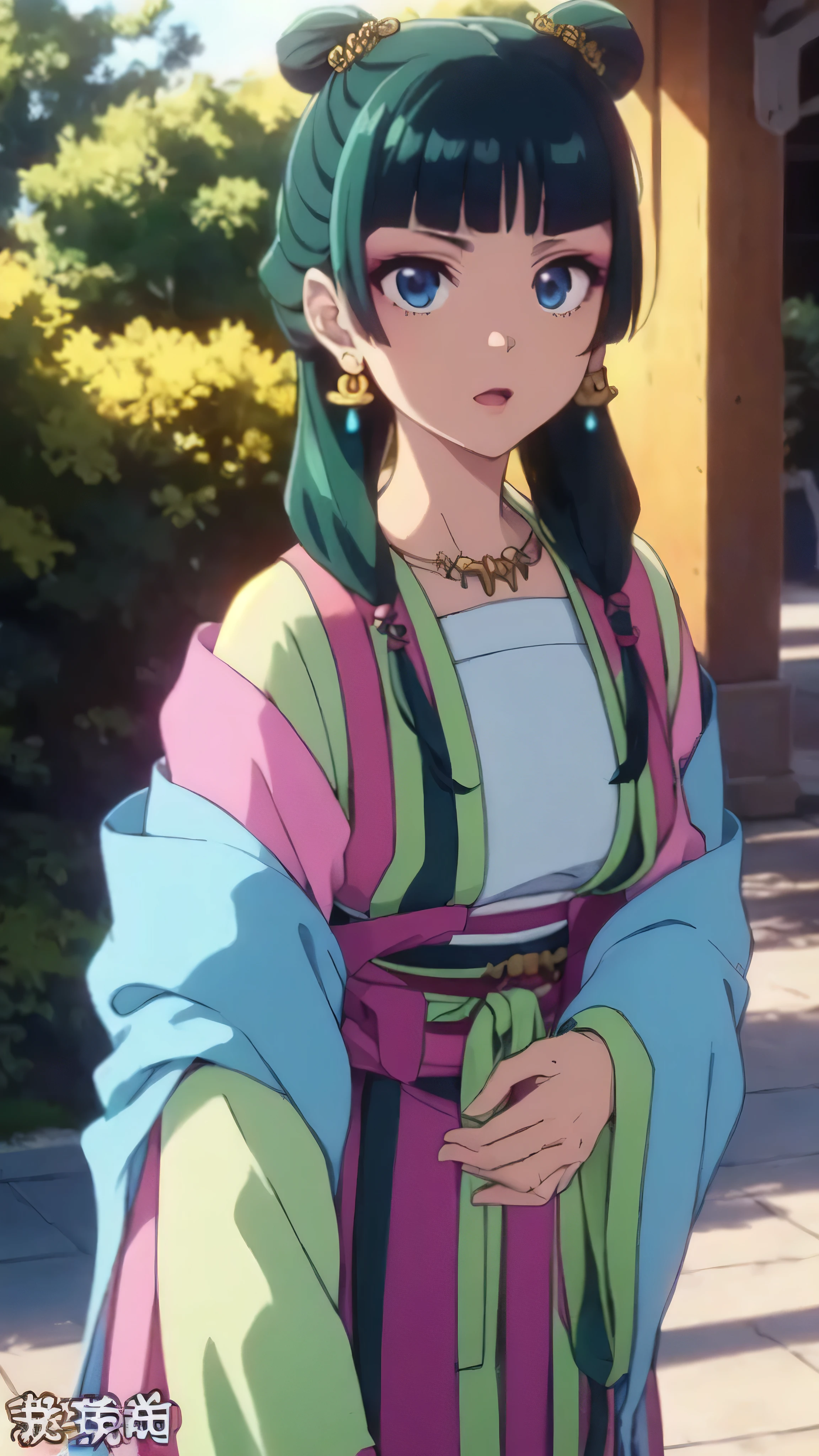 ( Mao Mao), dark green hair ,blue eyes, hair ornament, Hair bangs, earrings, earrings, gold necklace 、red eyeshadow, ((Extremely realistic shadows, masterpiece, very well detailed, photorealistic)), (cowboy shot)