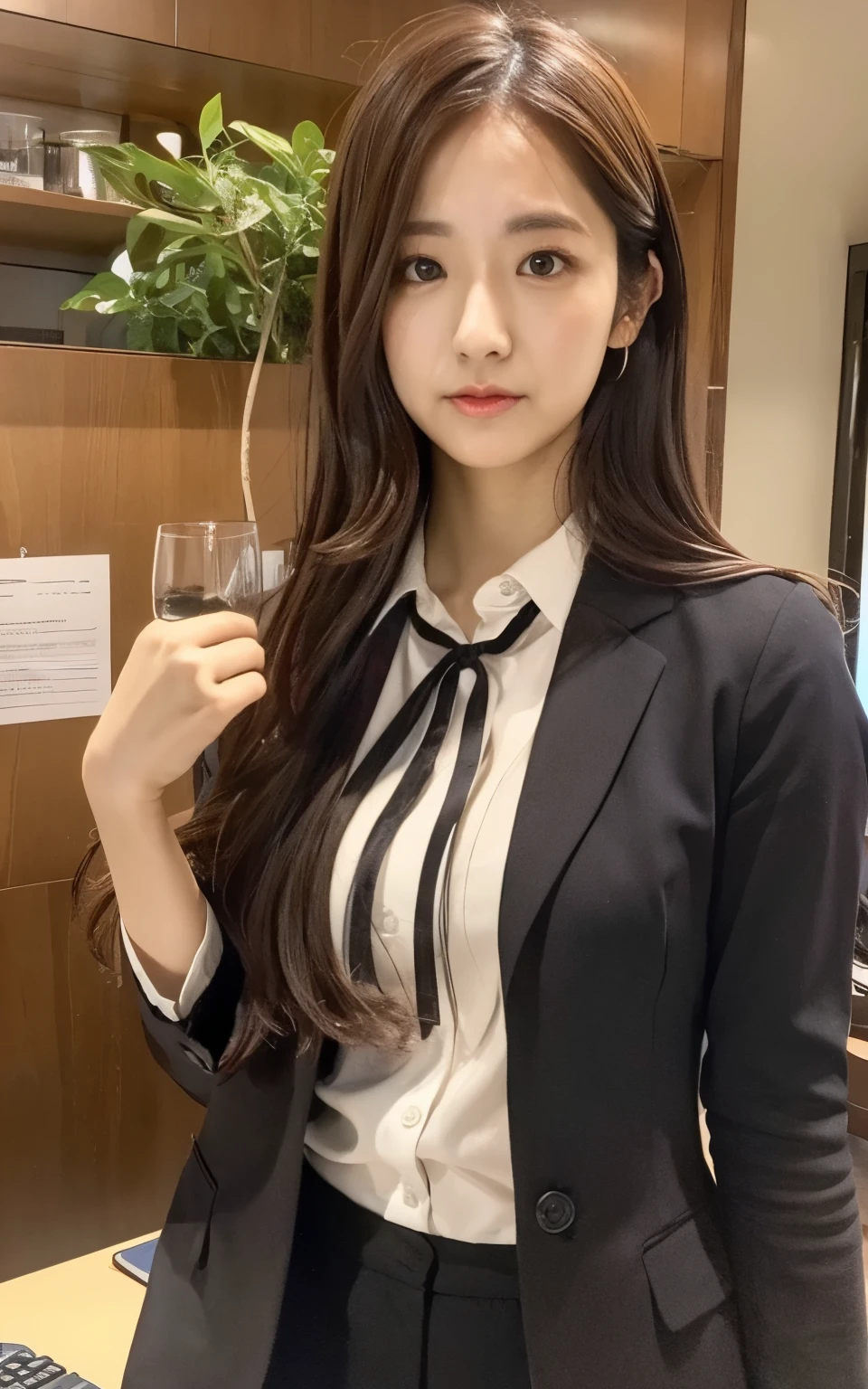 High Definition CG Unity 8k Wallpaper, top quality, tall very detailed , masterpiece, realistic, photo realistic, very cute girl details, age 25, ,, round eyes, medium , find viewers , Half Body Shot , secretary , Valley , office