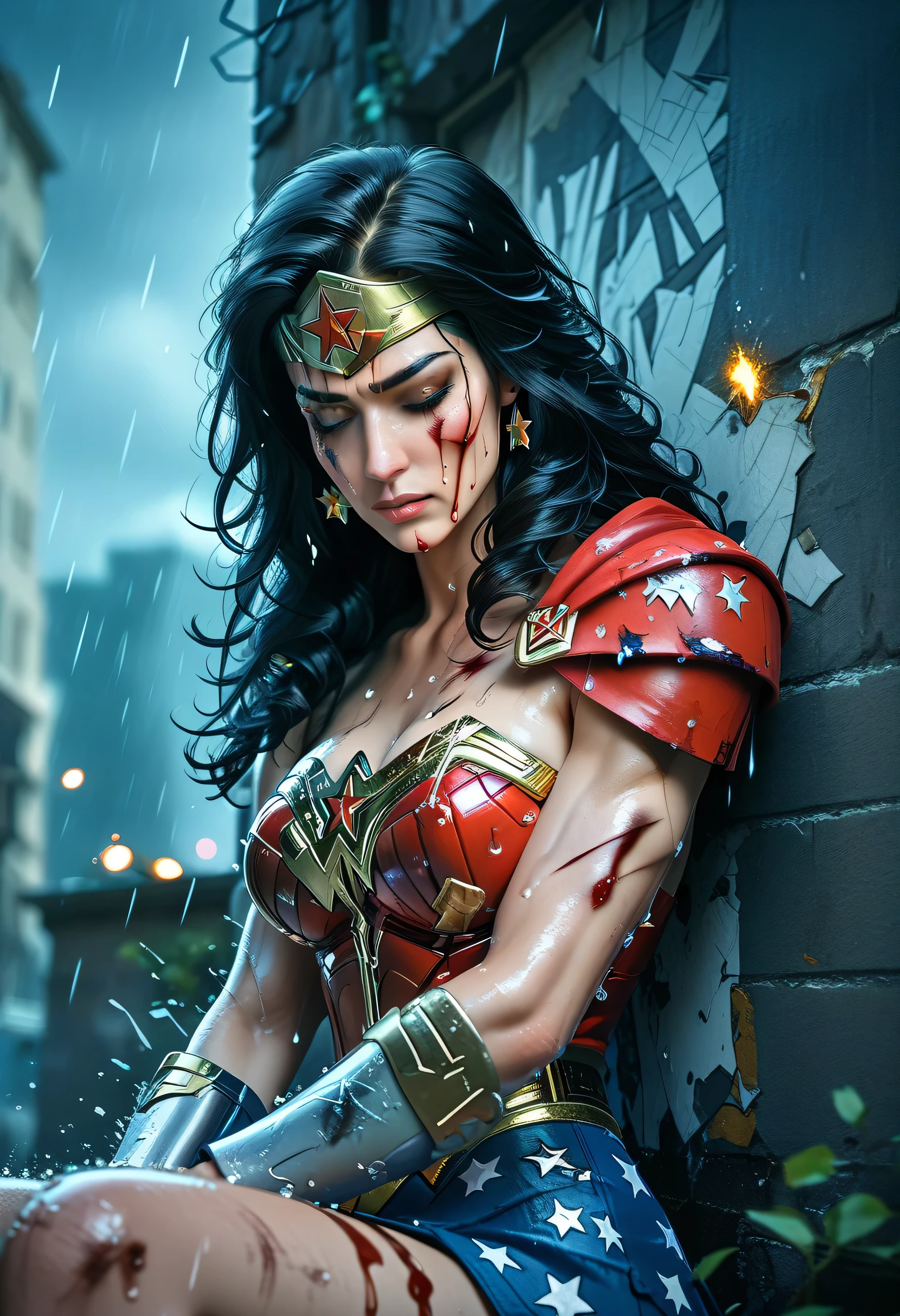 (Wonder Woman, sitting against a shattered wall, injured but defiant, armor scorched, blood on her cheek, no cape, hair messy and wild, holding her golden lasso tightly), stormy skies overhead, rain falling, debris around her, cinematic tension, sparks and smoke in the air, (sakimichan), (score_9, score_8_up, score_7_up), 1dk, 8k, masterpiece, high quality, (Expressiveh:0.8)