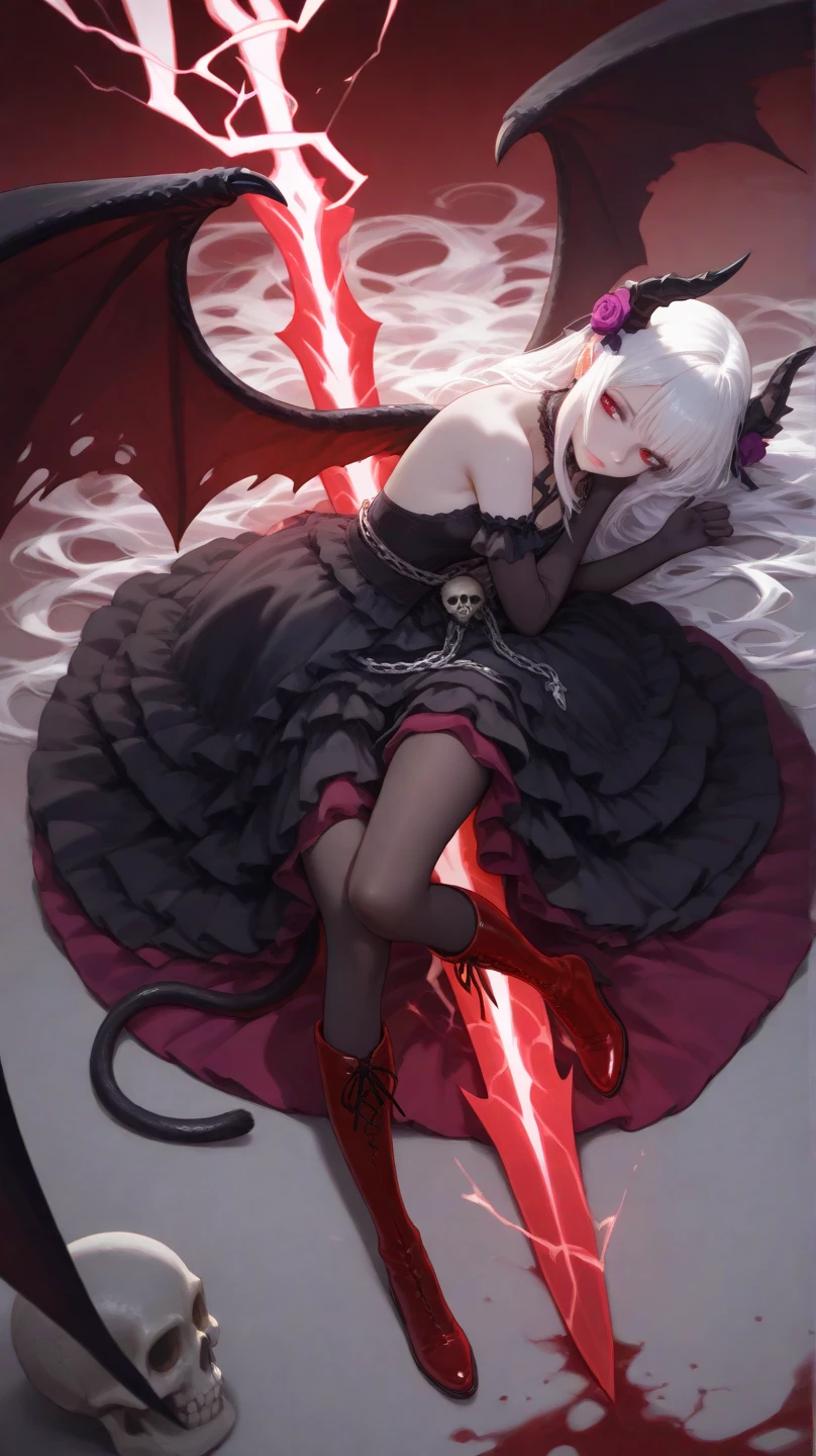 (Masterpiece:1.5), perfect anatomy, perfect face, extremely high detailed design, extremely high quality, (High quality color:1.5), (8k resolution, ray tracing) , (best lightning), extremely high detailed background , perfect anatomy, perfect face , hight quality of color, (((1girl/solo))), woman, vampire girl , ((pale white skin)), (beautiful face). (Cocky expression:1.1), (whute hair color:1.5),(bangs long hair),(vampires bat horn:1.1), (red vampire wings:1.5),pointed ears, (vampire red eyes:1.5)(wearing gold earrings:1.5), (((wearing ribbon))),(vampire eyes:1.5 ), slim and ,slim long legs, (large breast:1.3), (black dress:1.5), (dark fantasy:1.1), (drizzle rain weather:1.5), (dark castle and graveyard background:1.5), (sitting pose:1.5), full body, ((night time))