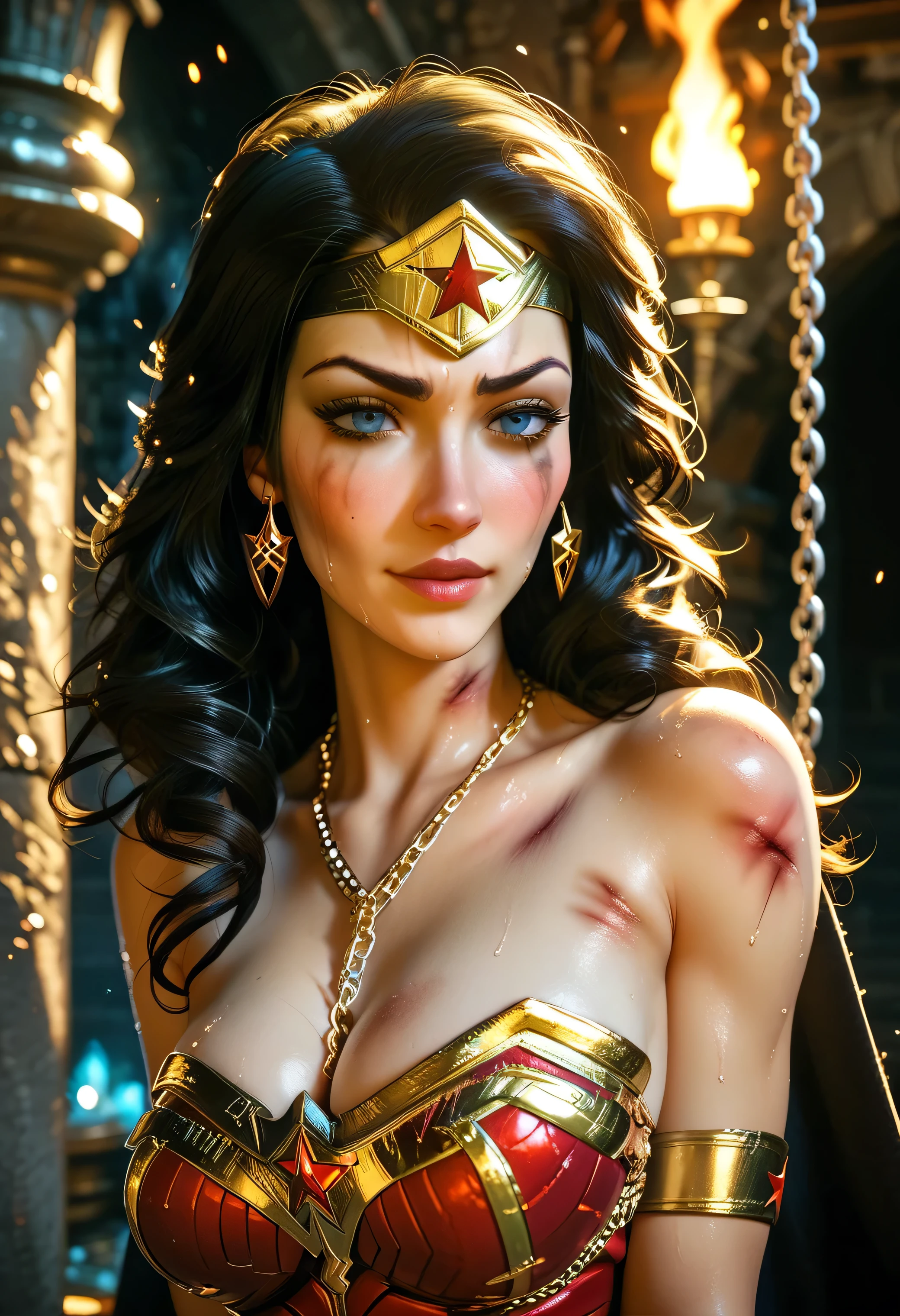 (masterpiece:1.3), (8k, Realistic, RAW Photos, highest quality: 1.4), ((One girl)), ((Gal Gadot, WONDER WOMAN)), Beautiful Face, (Realistic Face), Beautiful hairstyle, Realistic eyes, Beautiful fine details, (Realistic Skin), Beautiful Skin, Absurd, Charm, Ultra-high resolution, Ultra-realistic, Very detailed, Golden Ratio, (Best Shadow), Cinematic, (Complex:1.4), (Accurate hand and finger depiction), smile, Sweat, Flushing, Voluptuous body, NSFW ((Penis rubbing cheek)), ((1boy, 1penis:1.1)), BREAK ((Inside the ruins of a Greek temple)), (steam:1.2), cowboy shot