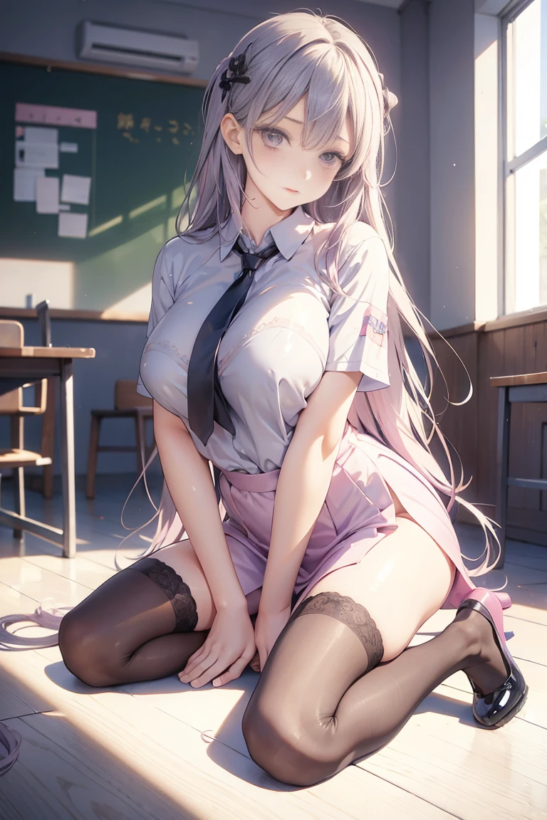Highest quality、masterpiece、beautiful、Detailed、Age: 12、classroom、dynamic pose、straddling、sit astride、open legs、in heat、(pussy cum:1.3)、covered erectile nipples、ceiling