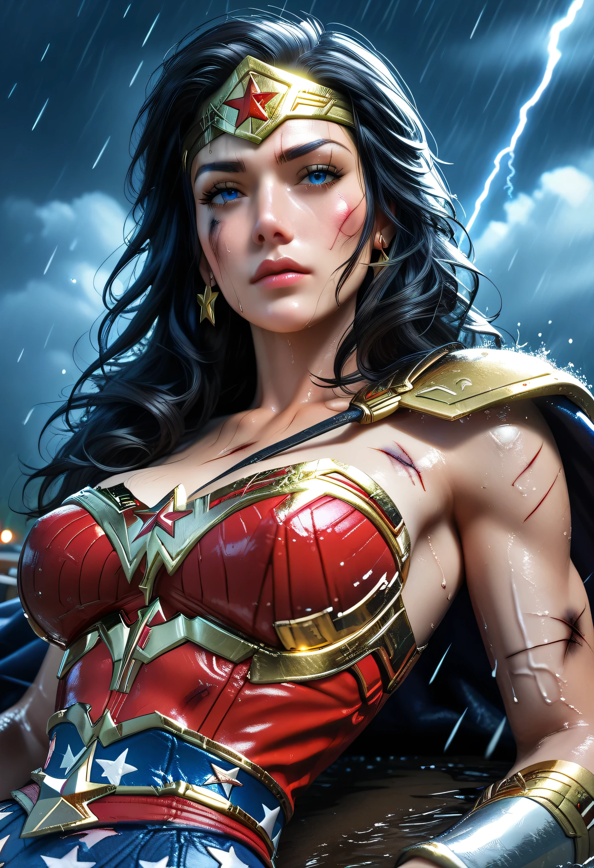 dead evil rotting zombie girl Superhero Wonder Woman, combat stance, highly detailed, evil vilanious look, menacing, bloody, bloodthirsty, ripped clothes, torn apart costume, vibrant appearance, creative behavior, extremly detailed, imaginative, , spontaneous, highest quality, skin texture, intricate details, (cinematic lighting), RAW photo, 8k, masterpiece,best quality,ultra-detailed,very detailed illustrations,extremely detailed,intricate details,highres,super complex details,extremely detailed 8k cg wallpaper,