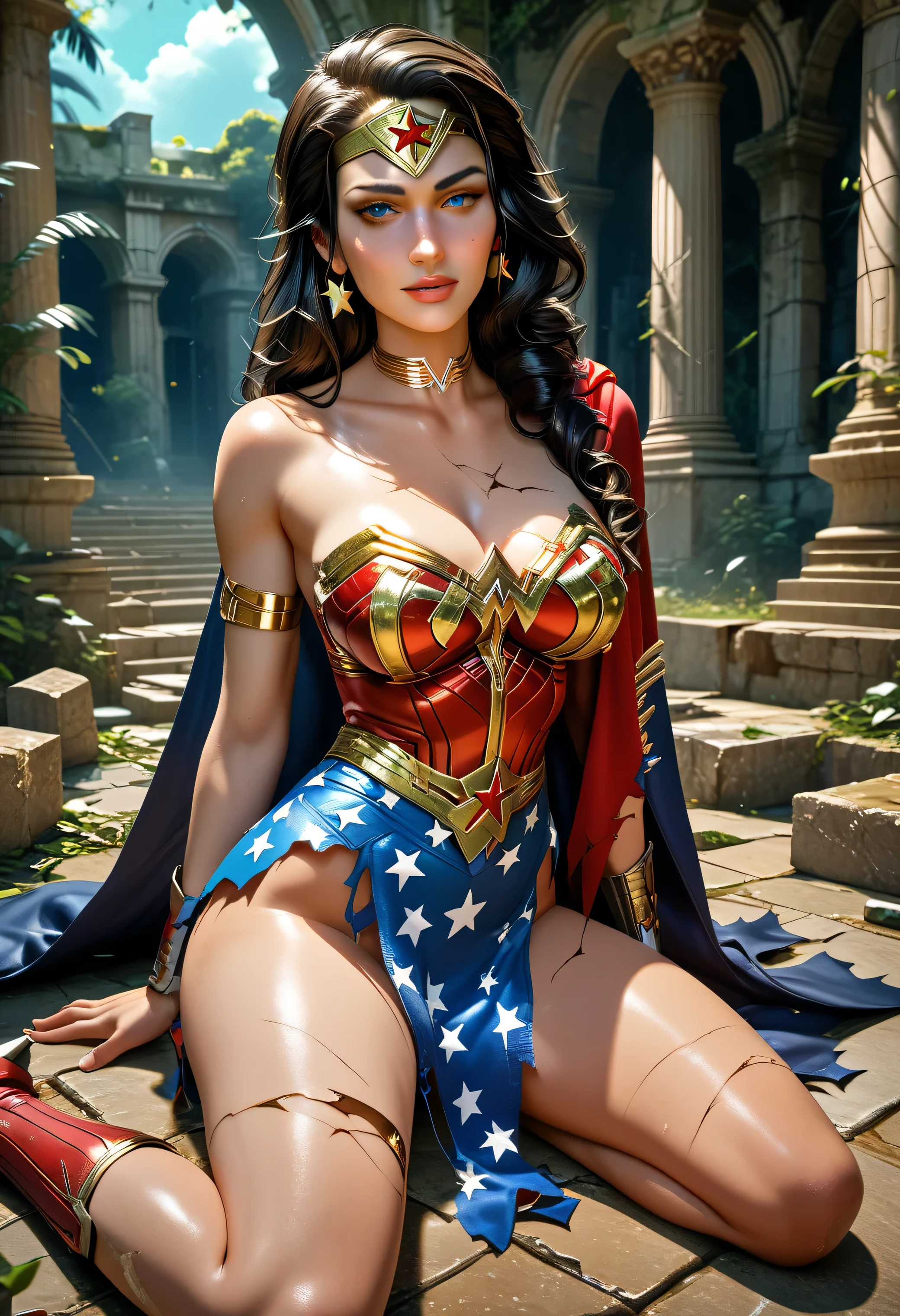 (masterpiece:1.3), (8K, Realistic, RAW Photos, Highest quality: 1.4), ((One Woman)), ((GAL GADOT, WONDER WOMAN)), Beautiful Face, (Realistic Face), Beautiful hairstyle, Realistic eyes, Beautiful details, (Realistic Skin), Beautiful Skin, Absurd, charm, Ultra-high resolution, Ultra-realistic, Very detailed, Golden Ratio, (Best Shadow), Cinematic, (Complex:1.4), (Accurate hand and finger depiction), ((Ahegao)), Sweat, Flushed, Voluptuous body, NSFW ((She is sitting in the ruins with her legs wide open, seducing me.)), ((Not wearing underwear, Opening her vagina with her fingers and showing it off)), ((real vagina)), BREAK ((Greek temple ruins)), (steam:1.2), cowboy shot