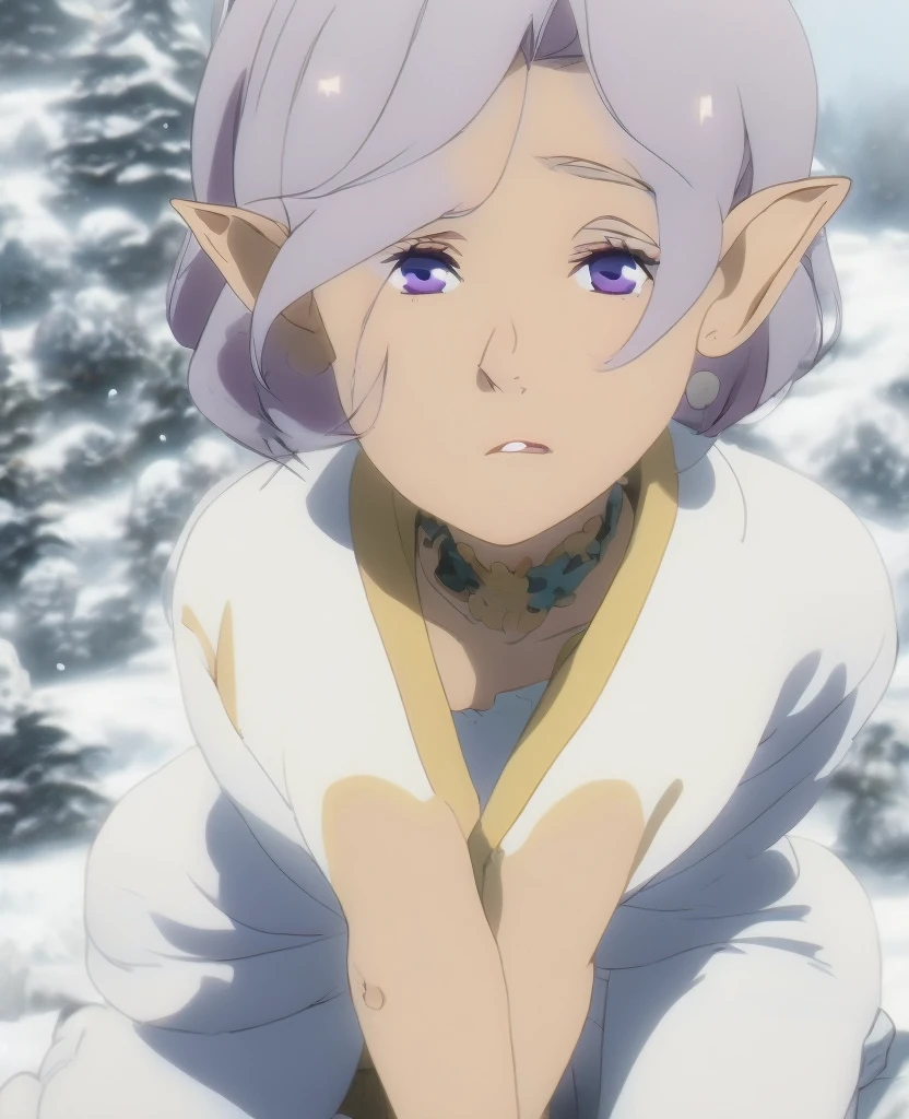 (Serene and melancholic) silver-haired elf mage, left eye icy blue right eye lavender, hair tips gradient cyan, weathered white robe with faded violet embroidery, glowing thorns around neck, shattered ice crown, kneeling before ancient snow-covered monolith, falling stardust-like snowflakes, ashen blue and pearl white palette, delicate watercolor texture, frost-covered eyelashes, faint blood trace at corner of lips, in the style of Frieren: Beyond Journey's End, WIT STUDIO animation quality, cinematic soft lighting --niji