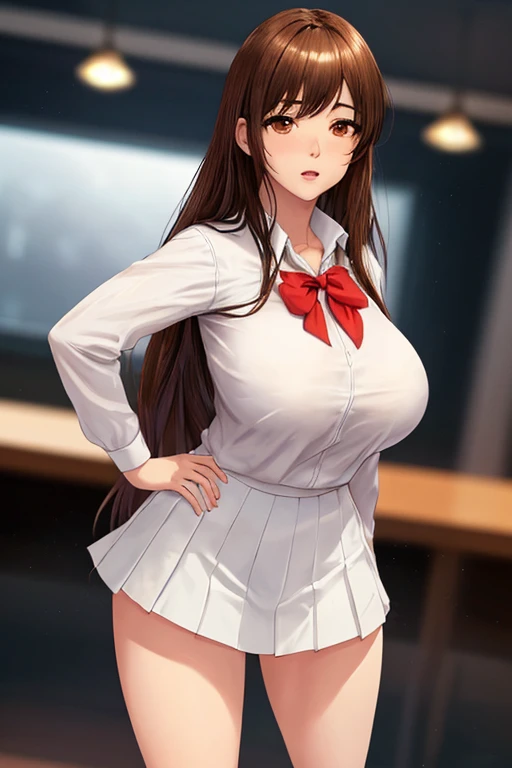 (8k, RAW photo, best quality, masterpiece, soft cinematic lighting, soft color:1.4),{ceiling,( look at me:1.2),face focus:1.5}, (realistic), (indoor background), (solo, mature woman,19years old:1.3), (sailor uniform,underboob,low-cut miniskirt,sheer :1.3), (embarrassed,red Cheeks:1.25), party chignon bronze color hair, clean skin, (smaller butt:0.9),(pointy sagging huge long wide heavy breasts:1.4), (thick, curvy:1.3),(very skinny:1.3)