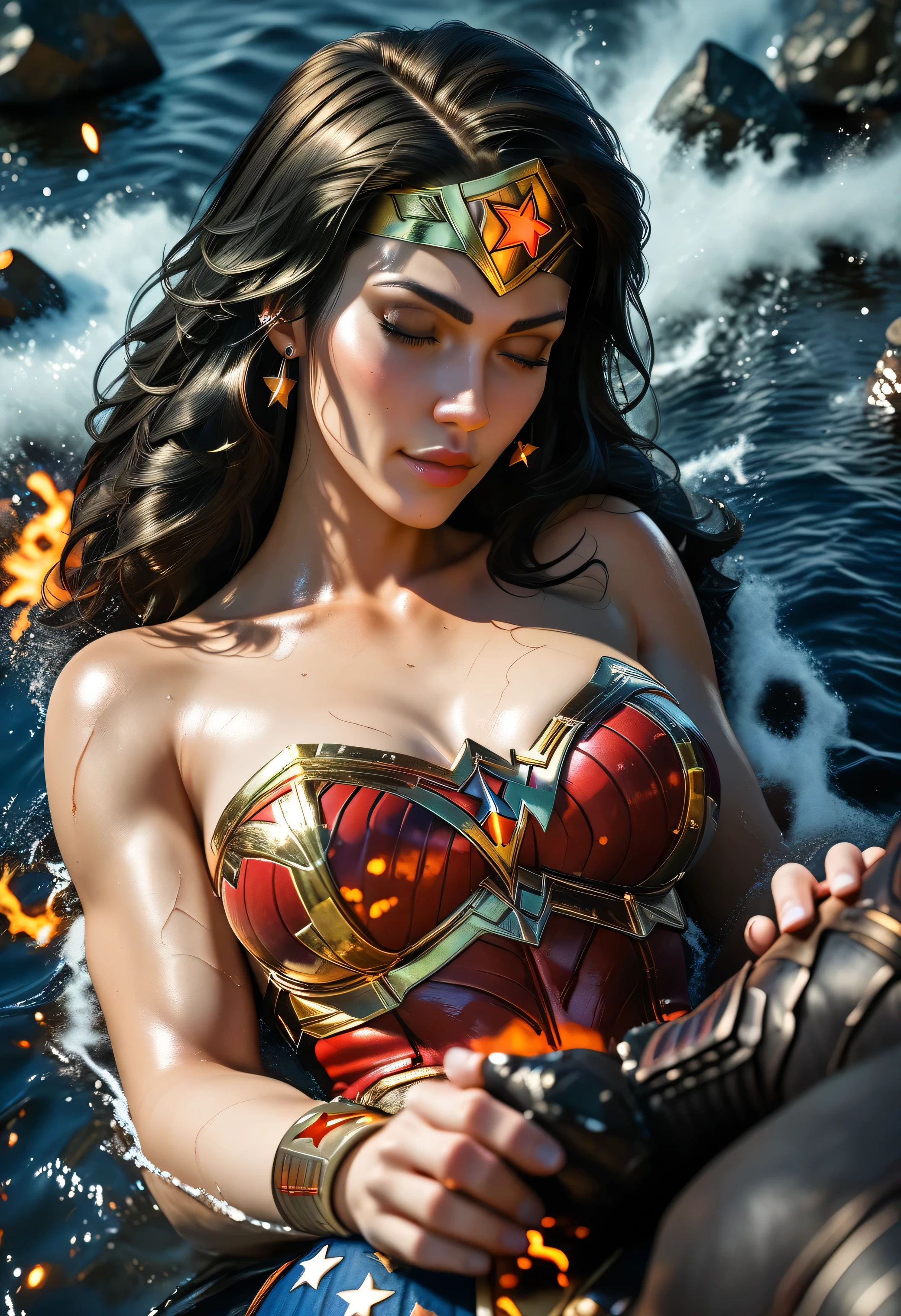 (Wonder Woman, laying on black volcanic ground, no cape, heat waves rising around her, molten cracks glowing under her body, armor scorched, hand clutching golden lasso, eyes fierce), apocalyptic atmosphere, glowing red mist and ash in the air, raw cinematic energy, (sakimichan), (score_9, score_8_up, score_7_up), 1dk, 8k, masterpiece, high quality, (Expressiveh:0.8)