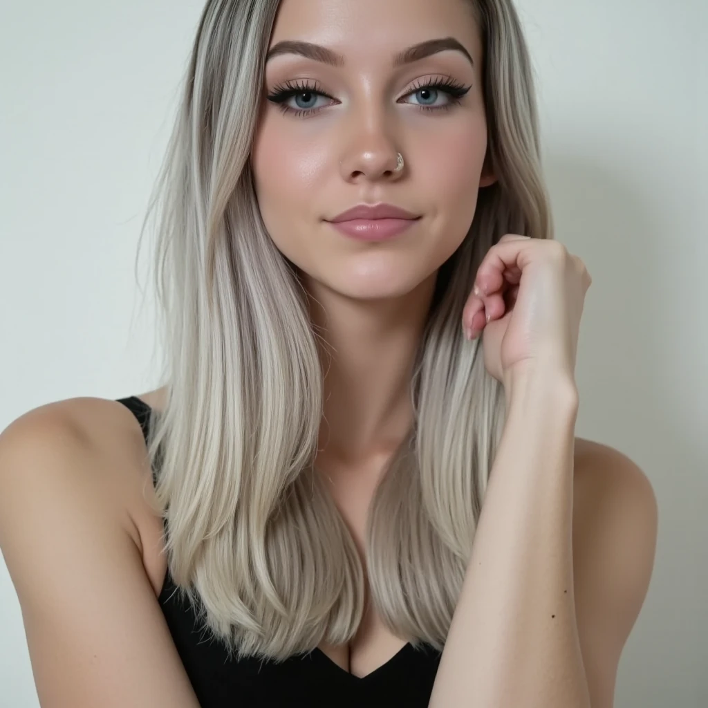 arafed woman with matching tank top and panties, long blonde hair, sexy girl with blue eyes, portrait sophie mudd, blonde hair and large eyes, selfie of a young woman, bedroom eyes, violet myers, without makeup, natural makeup, looking directly at the camera, face with artgram, subtle makeup, stunning full body shot, in bedroom, cleavage