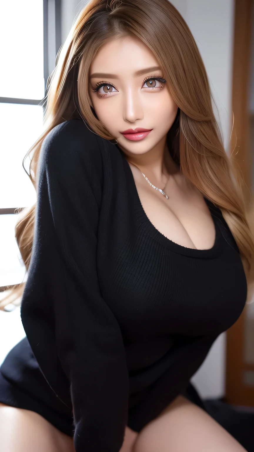((White wall:1.4)). Break ((Best quality, 8K, Masterpiece :1.3)), (Realistic, Photorealistic:1.4), RAW photo, high resolution, Pretty Women with Perfect Figure :1.4, ((Big breasts:1.4)), ((gigantic cleavage breasts:1.4)), ((sfv:1.4)), ((Curvy:1.6)), Big breasts!!, Beautiful, Smile, (Bright:1.4), Beautiful face, (Highly detailed face:1.2), ((Light yellow clothes:1.4)), ((Light brown dress:1.6)), ((Midi dress:1.4)), ((Waist strap:1.4)), ((Knitted dress:1.4)), ((Long sleeves:1.4)), Oily skin, Shiny skin, velvet, Detailed eyes, double eyelid, ((direct lighting:1.4)), Cute, chinese goddess, ((Fair skin:1.2)),