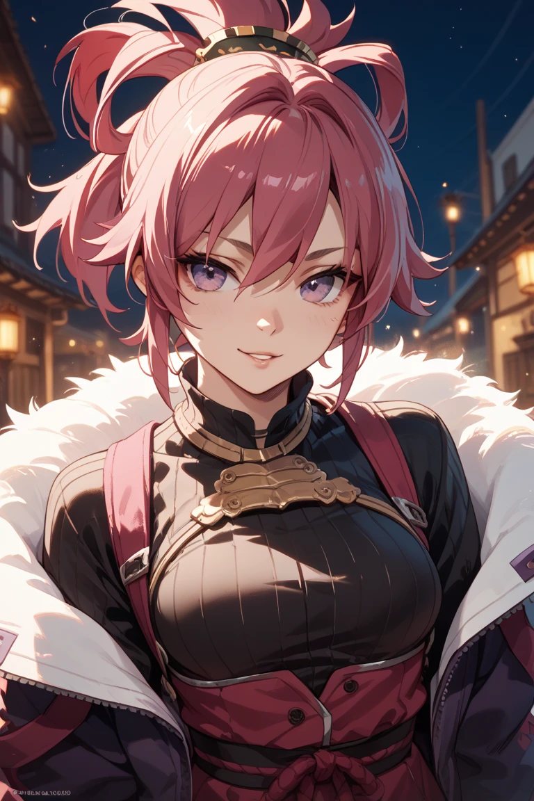 1girl,mature female,pale skin,huge breasts,mikajougasaki, mika jougasaki, hair bow, pink hair, (yellow eyes:1.5), ponytail.
BREAK (black scarf, black bow, japanese clothes, kimono, sash, scarf:1.2)
BREAK landscape, standing, standing, portrait, upper body,
BREAK (masterpiece:1.2), best quality, high resolution, unity 8k wallpaper, (illustration:0.8), (beautiful detailed eyes:1.6), extremely detailed face, perfect lighting, extremely detailed CG, (perfect hands, perfect anatomy),