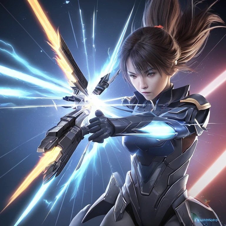 (((Girl fighting with one-handed sword))), fighting pose, Uplifting, (highest quality), (masterpiece) perfect style, ((A beautiful body that is partly mechanical)), (((Thin see-through white bodysuit, Golden pattern))), full body, close up, looking at the camera, long flowing black hair, ponytail, Long black hair dancing in the wind, beautiful detailed eyes, pale hue, Precise as a photo, A full moon in a starry sky, pale hue, monochrome, nsfw