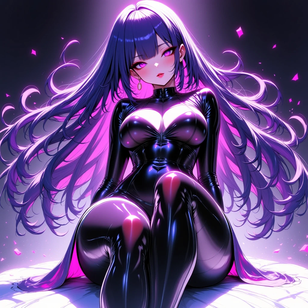 Create a digital artwork of a voluptuous female character with massive breasts in an anime-inspired style. The character should have long, flowing purple hair and large, expressive purple eyes. She should be wearing a tight red corset that accentuates her curves. The art style should be a blend of anime and semi-realism, with: Smooth, detailed shading: Use gradients to create depth and volume in the character's form. Sharp, precise line work: Clean lines to define the character's features and outfit. Realistic lighting effects: Emphasize the reflective quality of the latex outfit with highlights and glossy reflections. Soft, ambient background: Set the scene in a nighttime environment with a full moon, cherry blossom trees, and lanterns. The background should have a soft, romantic glow with bokeh effects to enhance the dreamy atmosphere. Color vibrancy: Use rich, vibrant colors for the character and background to make the image pop. Ensure the character's expression is slightly open-mouthed, giving a seductive and confident look. The overall mood should be bold and captivating, with a high level of detail and polish in the final artwork. The character should be standing, looking down at the viewer, as if the viewer was kneeling