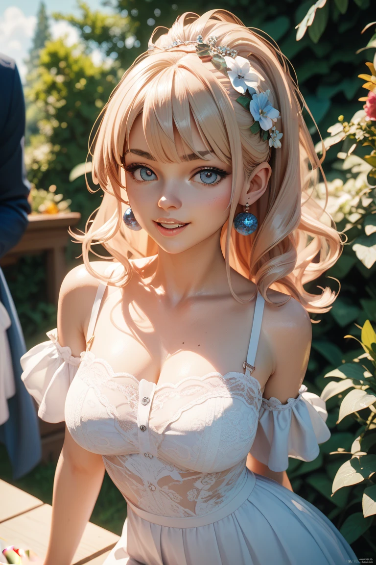 （Large and firm breasts:1.5) (Beautiful and cute gal woman) ((Blonde hair with pink highlights, Long Wavy Hair)), (Sakura&#39;s Pink Eyes:1.3), ((Sweaty 1.5)),((Shiny skin 1.4))The effect of light on the eyes, Very sexy body, ((Off-shoulder white sweater)), Cleavage (( Super detailed, Ultra-realistic, Perfect lighting, 8k, Complex)), outside,  A shy smile, Pink Lips, innocent and sexy face, Unparalleled beauty