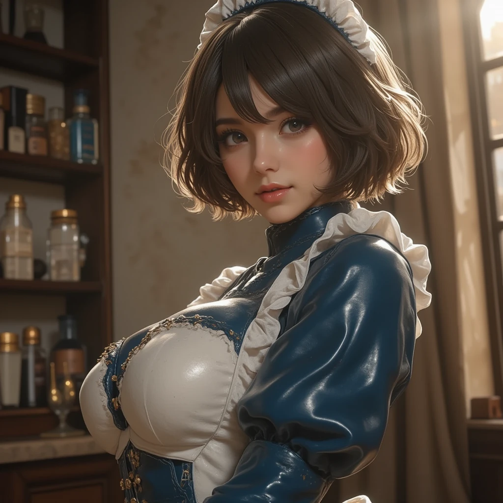 1girl,((35 year old mature woman)),(((maid victorian costume)),((((1 girl))),(blue eyes)),(Very Intense Makeup)),woman smiling,((red lipstick)),((woman in makeup)), short hair, black hair,(((huge breasts))),(((cleavage))),(((huge breasts))),(((solamente))),cuerpo perfecto,manos perfectas,cara perfecta,
