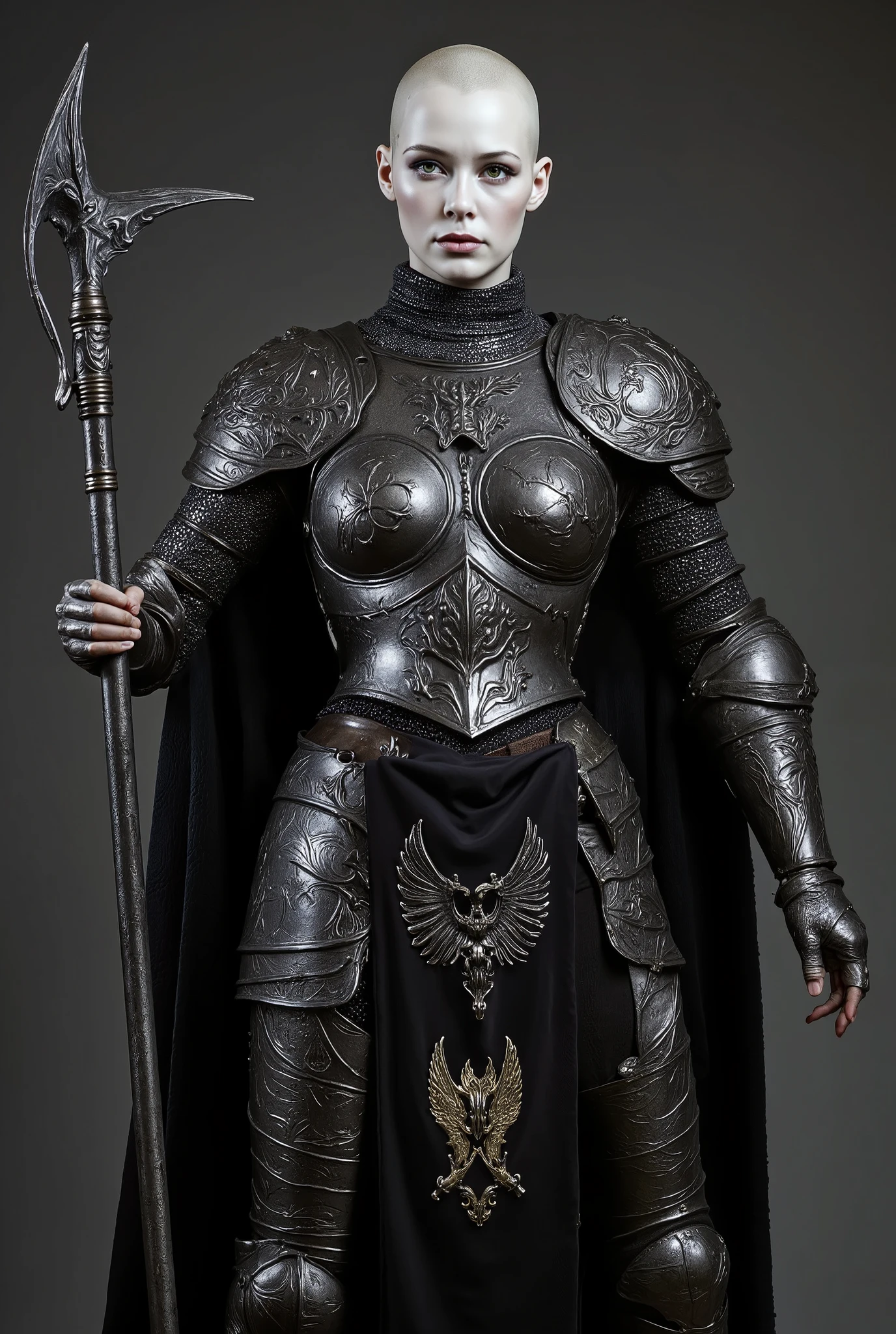 A tall female human paladin with large breasts dressed in darkly etched fullplate armour. She has a sad smile and a shaven head. Her skin is white, her eyes are light green, and her face is tired and depressed. She has a large crescent halberd with an ebony shaft. She is wearing a tabard with the image of a drago. Disturbing liminal despair violent.