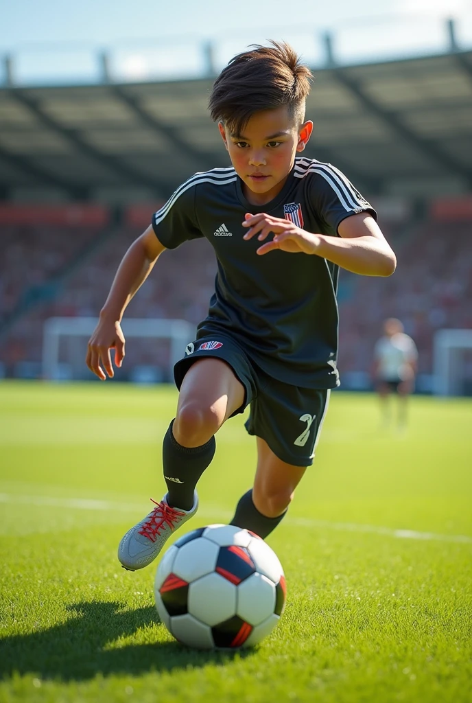 Create an image of a black boy doing keepie-uppies