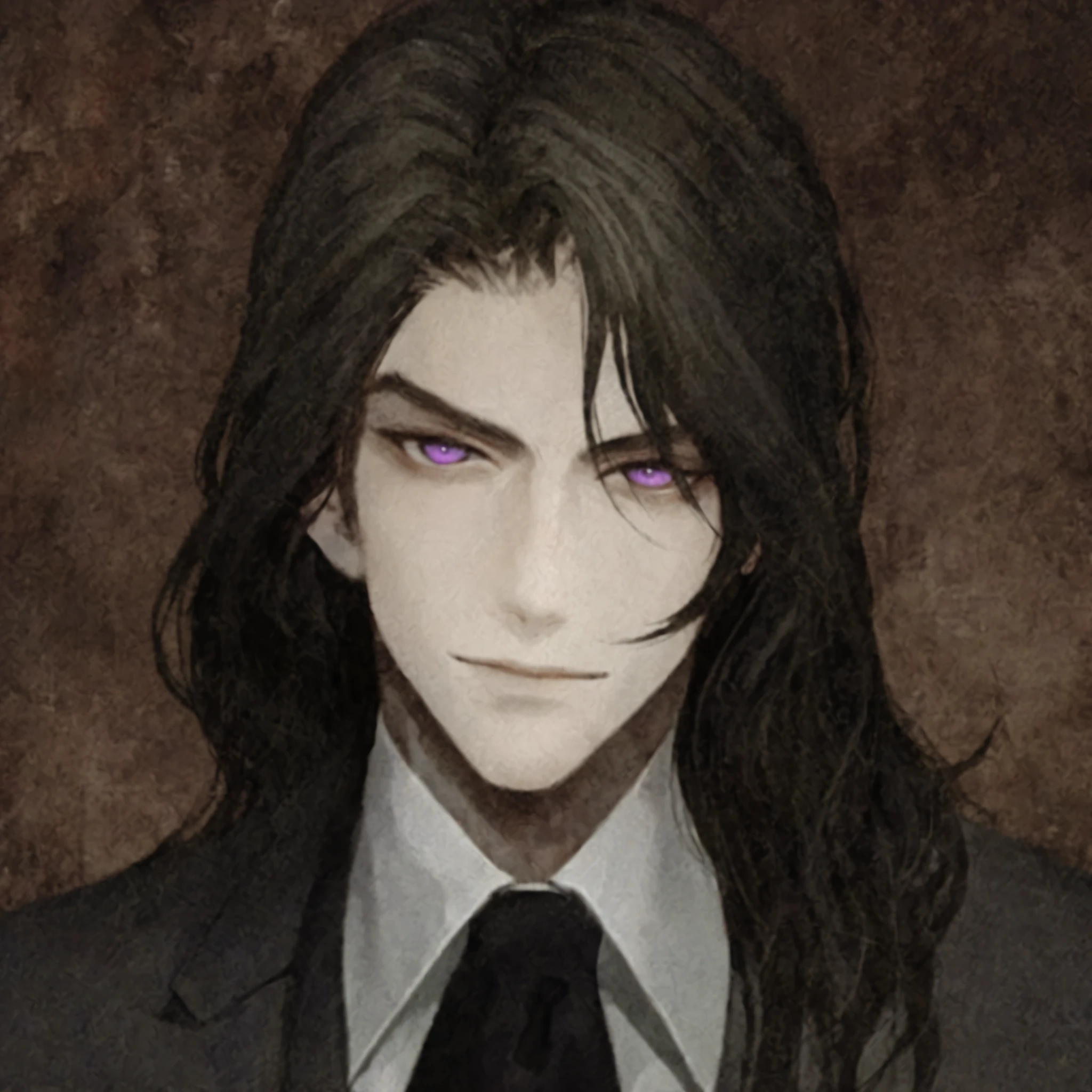Handsome male elf with long hair, black hair, purple eyes, and suit with tie. 