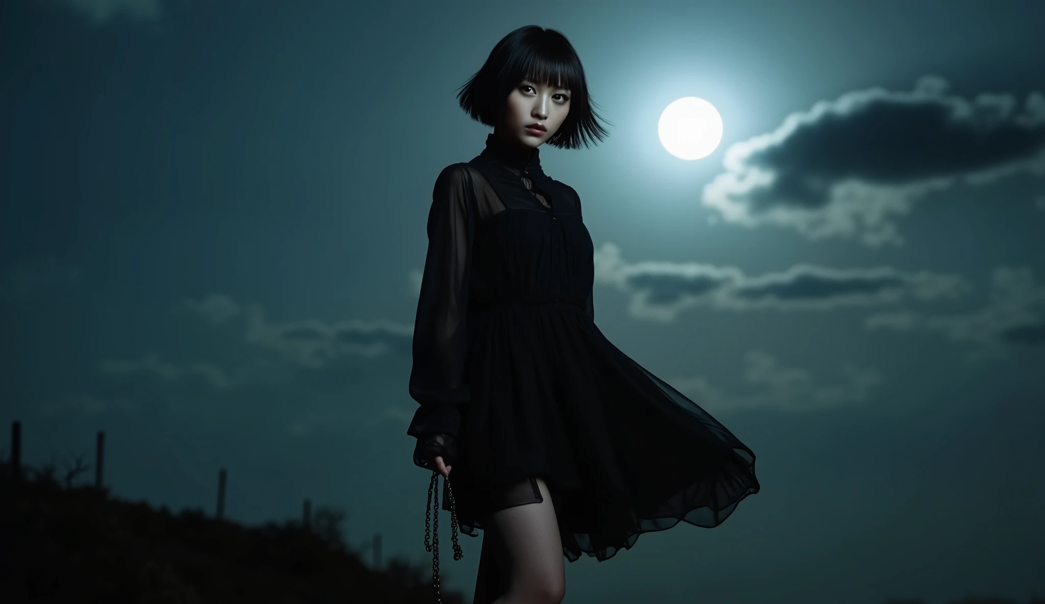 girl in a black dress, black stockings, dark eyes, BLACK HAIR, bob cut, super real photo, RAW photo, full body,  Dark Sky Background , Moonlight