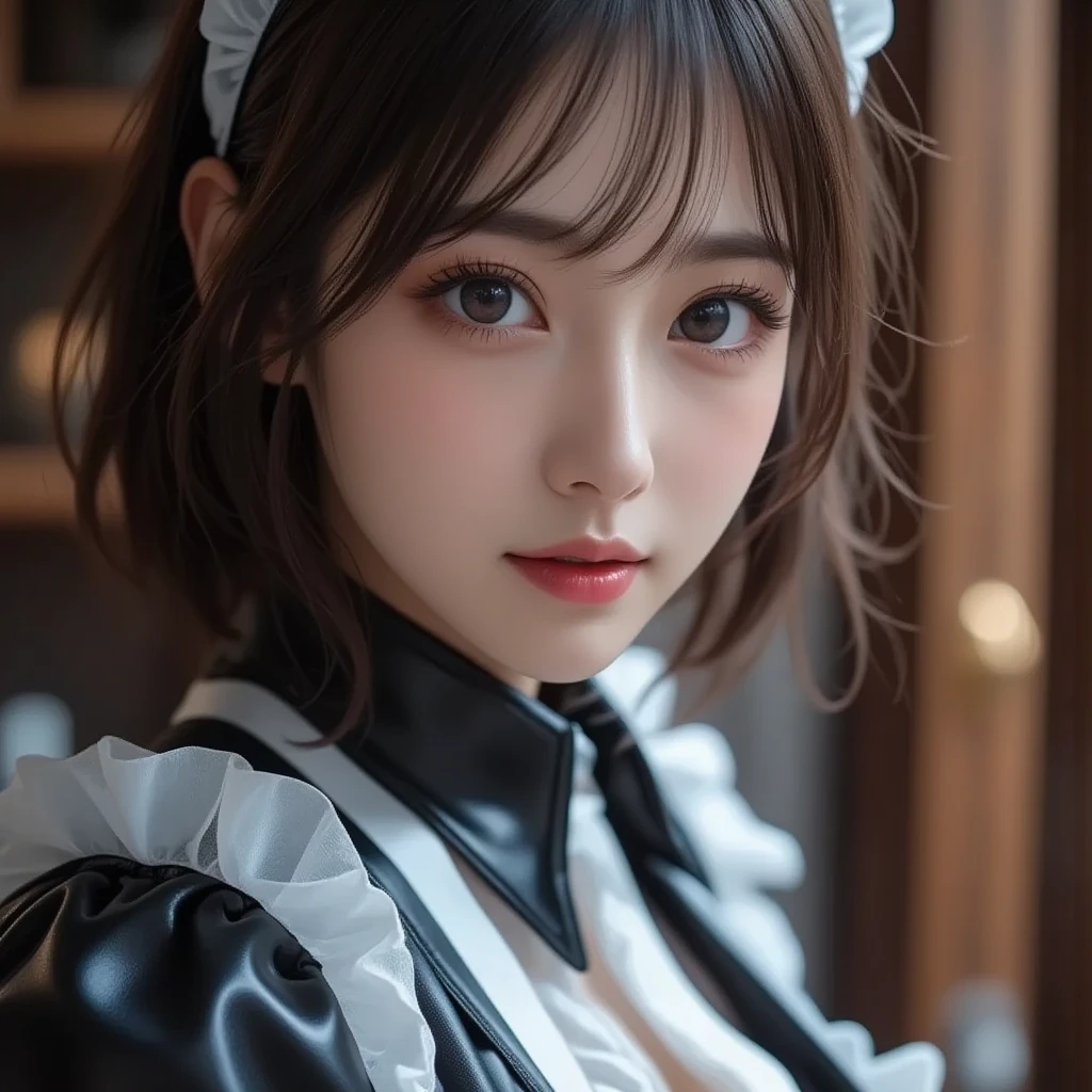 (masterpiece, best quality, upper body, from above, straddling:1.5), beautiful girl, pretty face, gardeniass, 8k, EF 50mm, official art, raw photo, absurdres, warm color, (maid, maid headdress, black thighhighs, zettai ryouiki, short sleeves, wrist cuffs, maid apron, frills, choker, puffy sleeves, cleavage, thighs:1.4), tearfilled eyes, sad, angry, downcast, slender, small waist, thin arms, large breasts, bedroom, no makeup, facelight, soft lighting, flattering lighting, film grain, chromatic aberration, sharp focus, natural, candid, extremely detailed eyes and face, (dark background, bokeh, blurred background:1.1)