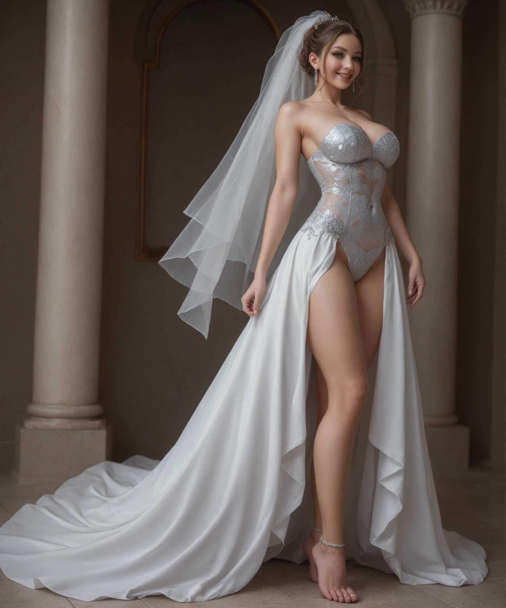 full body, full shot,photorealism, in detail and in detail an extremely beautiful slender sexy bride in a cream wedding dress with intricate lace patterns and a beautiful long veil with intricate patterns stands in partial shade among the columns of a beautiful building. on the face and body, the bride holds the wedding dress with her hands, the pose is beautiful sexy C-shaped stilettos of cream color with intricate patterns, the bride's face is European, perfectly beautiful proportions are neat facial features, the eyes are bright green-blue eyelashes are long and fluffy, the bride's physique is slender and graceful, her legs are graceful and longer than the body in proportion, graceful hands in precious jewelry, on the head of the bride there is a wedding tiara with beautiful diamonds, natural detailed skin, pore skin, skin natural shine, skin color is perfect, cheeks are slightly ruddy, wavy long blond hair to the knees is beautifully flowing in detail and in detail , lighting side daylight soft, hyper detail, sharp focus, photorealism, naturalistic, Jerry Gionis style