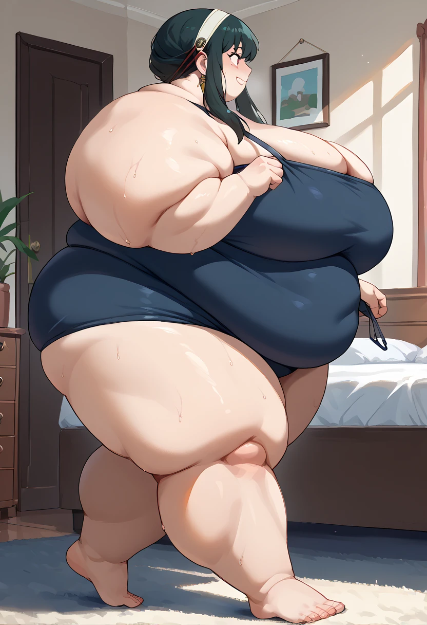 solo, masterpiece, girl, (really long black hair), (blue eyes), (skin tight black skirt and crop top), kawaii, extremely cute, (realistic flabby fat) sitting on chair, blushing, tired face