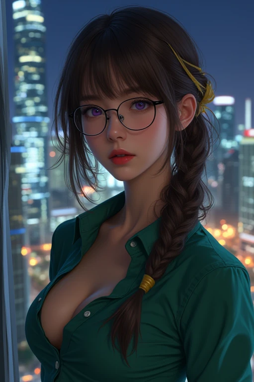 Photorealistic, (close up:1.3, exposed face), wide angle, (seen from below), a japanese young woman wearing wet (long sleeve (floral t-shirt:1.2), oversized t-shirt, hotpants), a hyperrealistic beautiful young girls with grayish blue eyes in glasses, natural sagging breast, high detailed official artwork, beautiful girls with slim fit body and busty posture, long legs, attractive young woman, (atractive sitting poses:1.3, crossed arm hold the breast up), at bench in the (foggy big city:1.2), night view background, rainny day, dubnitskiy david fanart, realistic portrait, smooth photorealistic, perfect visual of a cute girls, cute girls with skinice soft face, face focus, makoto shinkai and artgerm, photon mapping, natural light, warm color tones, vivid colors, cool ambient, foggy atmosphere