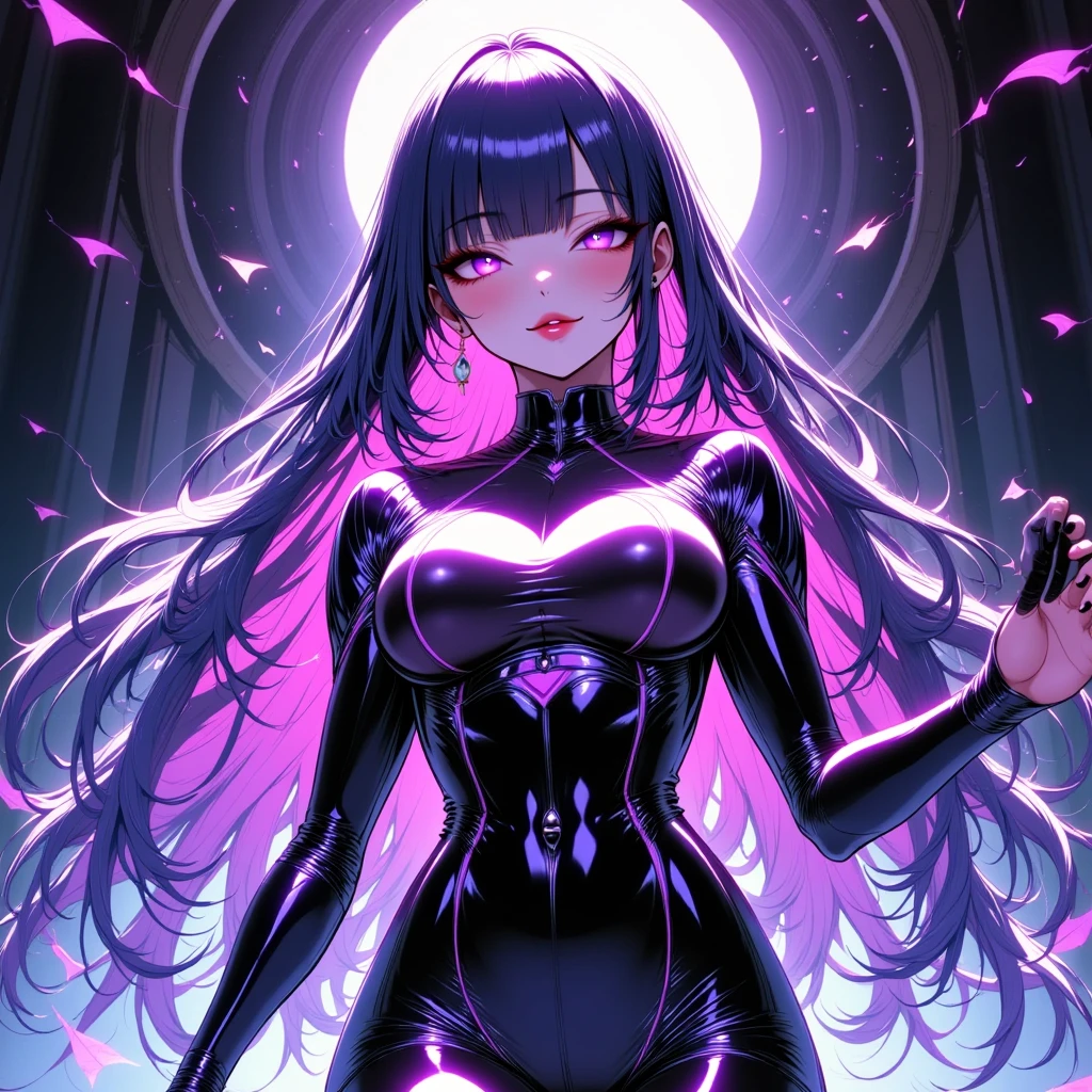 (((Raiden Shogun))), (genshin impact), purple eyes, black hair, ((purple highlights)), ((black background)), Official art, Unity 8k Wallpaper, Ultra-detail, Beautiful and aesthetic, masterpiece, Best Quality, (zentangle, mandalas, Tangle, Entangle), (fractal art:1.3), 1girl, huge tits, extra thick thighs, Extremely detailed, Most Beautiful Form of Chaos, elegant, a brutalist designed, vivd colour, romanticism, Atmospheric, arms behind back, (((((anime style))))), thick body, think waist, big hips, bodysuit,