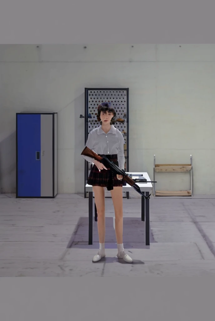 A young girl with a weapon stands in front of an answer board in an empty square,Surrounded by various King of Fighters characters,There are game posters around,
