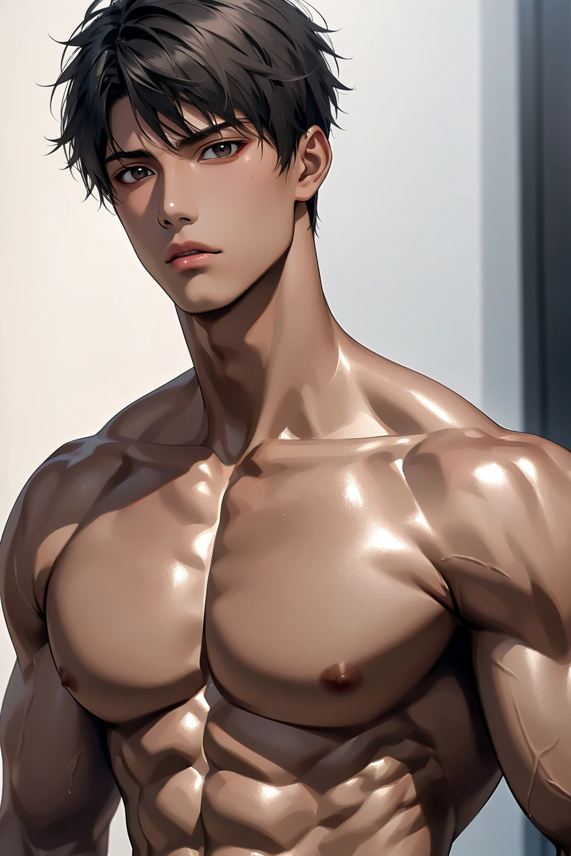 high quality, detailed, Realistic,(2boys:1.5), ( tanned japanese idol boys), (detailed black eyes), (black short hair), (abs), (tanned dark brown skin), night palace bedroom, (black tiny thong), (bulge), (detailed nipples), detailed areola,best quality,4k,8k,highres,masterpiece:1.2),ultra-detailed,(realistic,photorealistic,photo-realistic:1.37), looking at viewer,smirk,face close up, --no watch,
