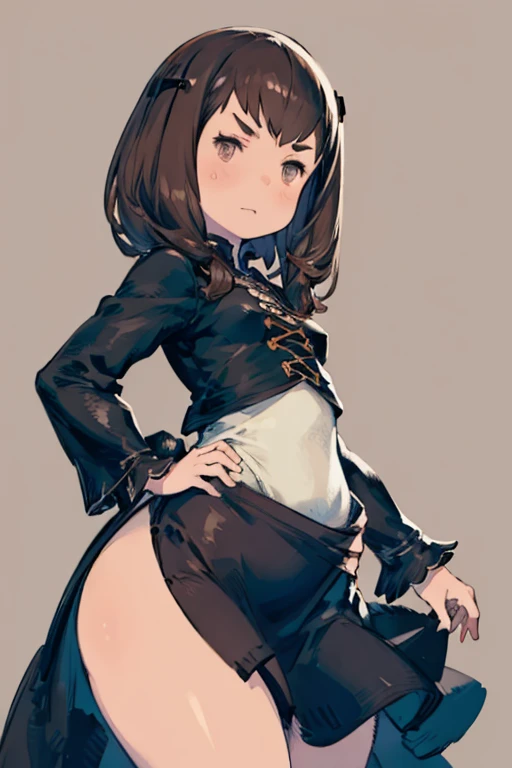 Puedes hacer una chica de pelo chino de pelo negro , con lentes grandes redondos  la cuel tengo un uniforme de colegiala , 