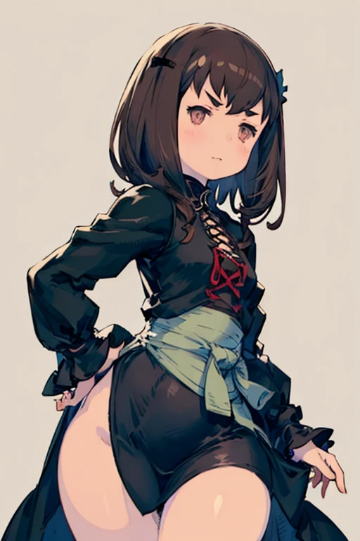 Best Quality, (masterpiece),(ultra detailed), (high quality), (High resolution), 1 girl, He drowned, black shorts, blush, braid, Brown eyes, Brown hair, separate sleeves, to drink, ruffled sleeves, green background, green eyes, hair between the eyes, hair ornament, heterochromia, hviejoing gun, Meica, nail polish, amar, short sleeves, Business, alone, star hair ornament, Youtuber virtual, witch. Spanking her ass, tight pants, a tit out of her clothes, bviejo face. Showing her round ass. animation, marked nipples.