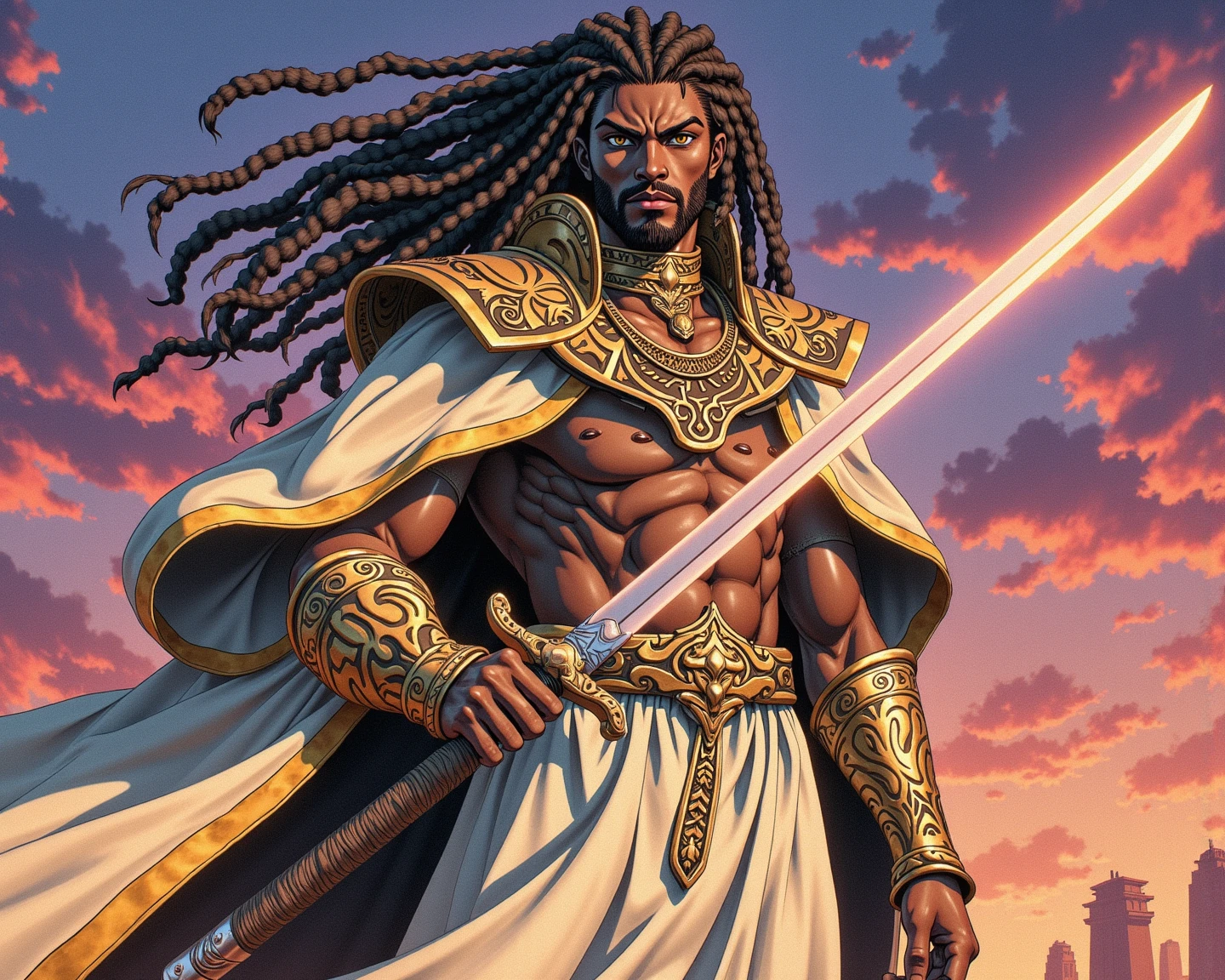 Hombre negro, afro americano, Mythological Warrior, sosteniendo una espada, cabeza de una pantera como fondo, escenario ciberpunk mundo cideral, Maximum quality, 4k, maximum expression in the liquidation